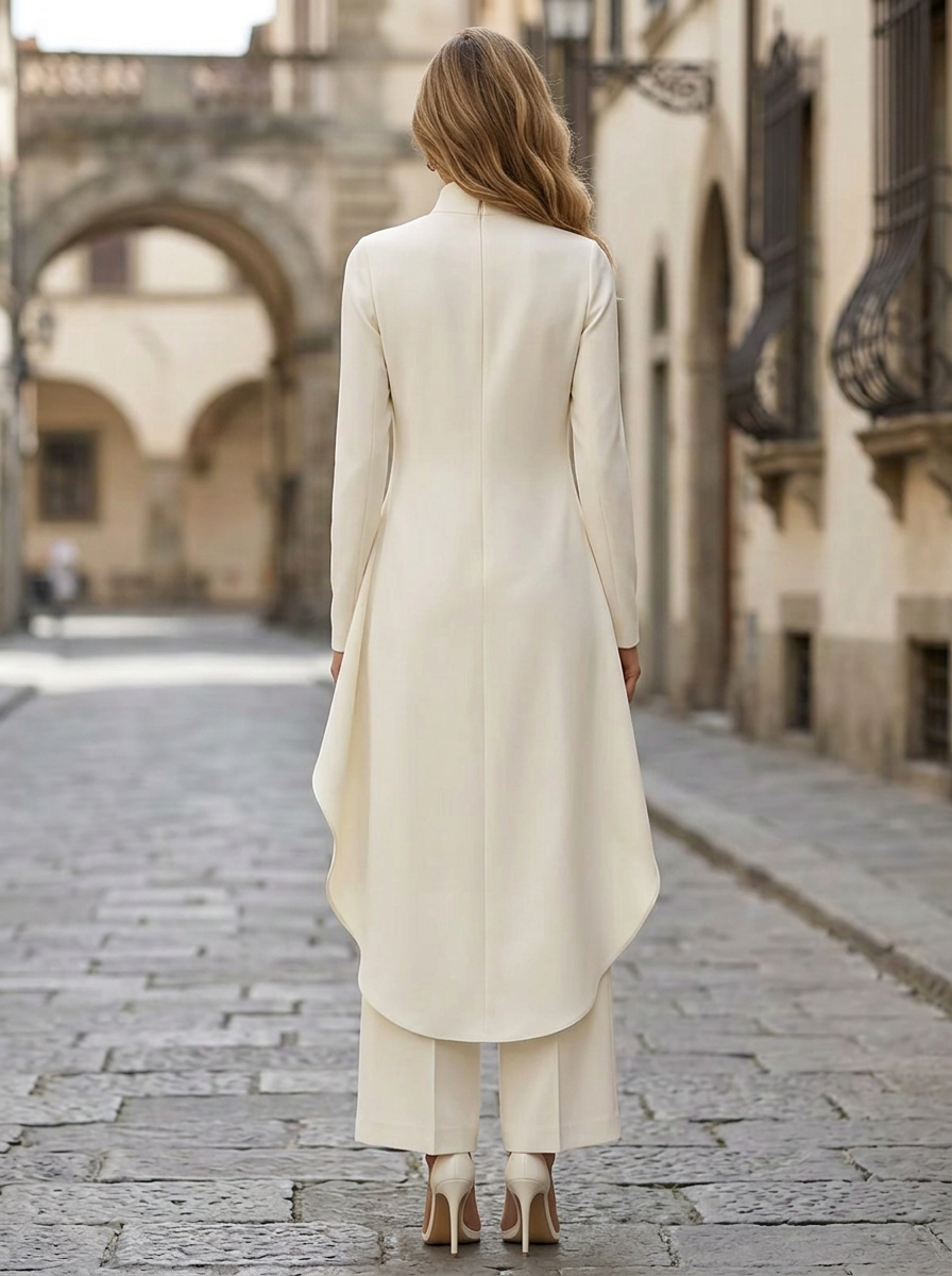 Ivory High Neck Long Sleeve Draped Wide Leg Jumpsuit