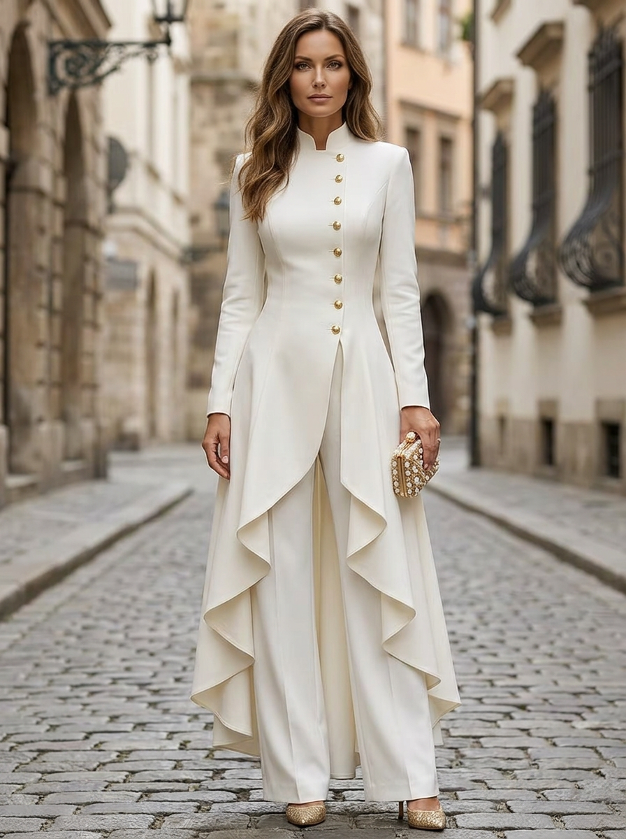 Black Mandarin Collar Long Sleeve Gold Button Wide Leg Jumpsuit