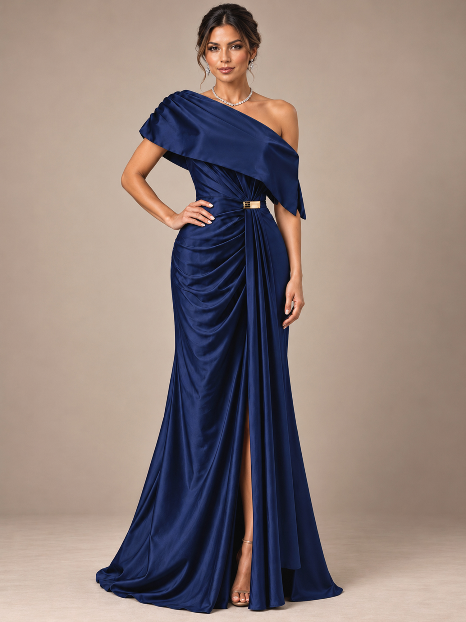 Navy Blue One-Shoulder Draped Buckle Mermaid Maxi Dress