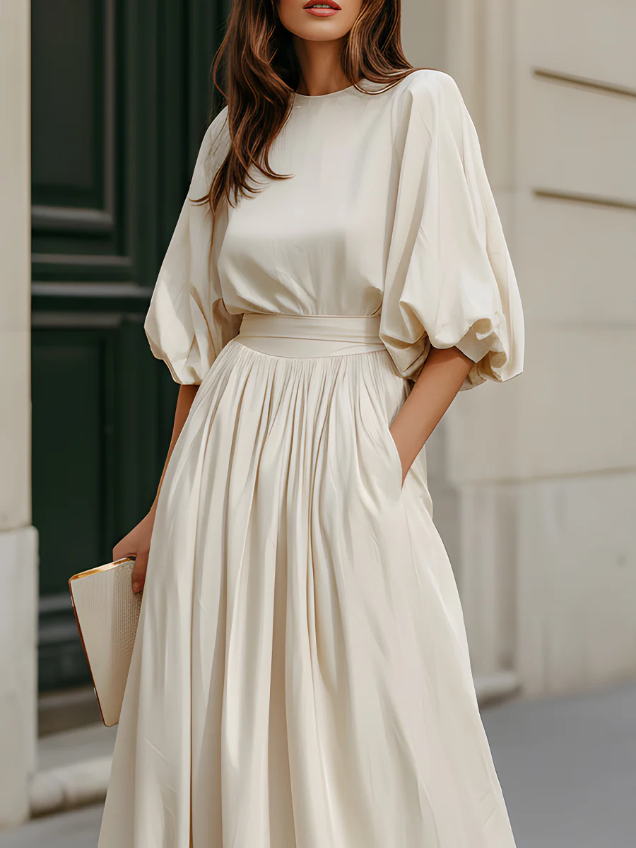 Beige Puff Sleeve High Waist Pleated Maxi Dress