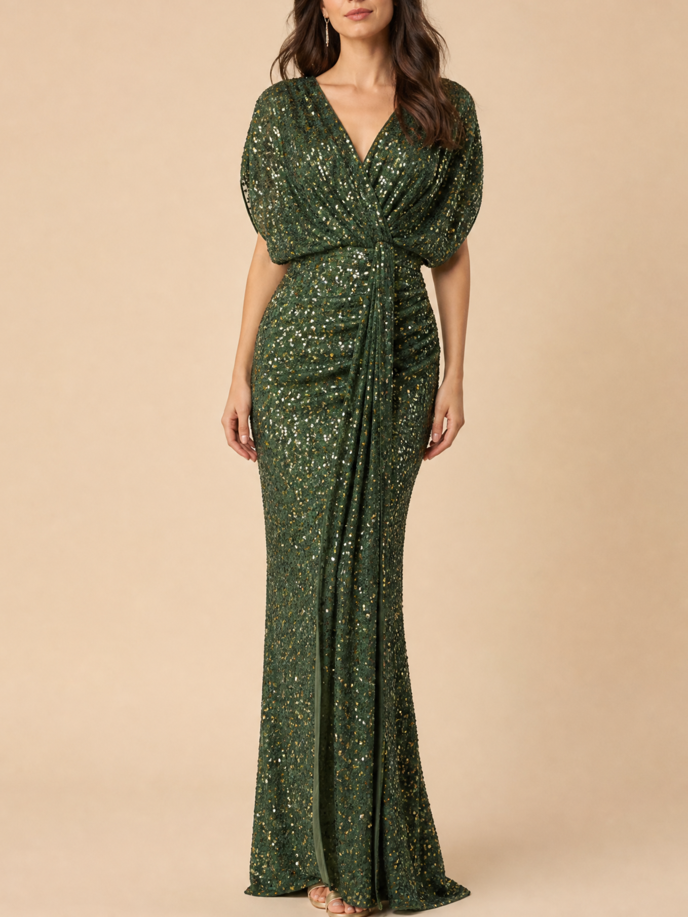 Emerald Green V-Neck Batwing Sleeve Allover Sequin Sheath Maxi Dress