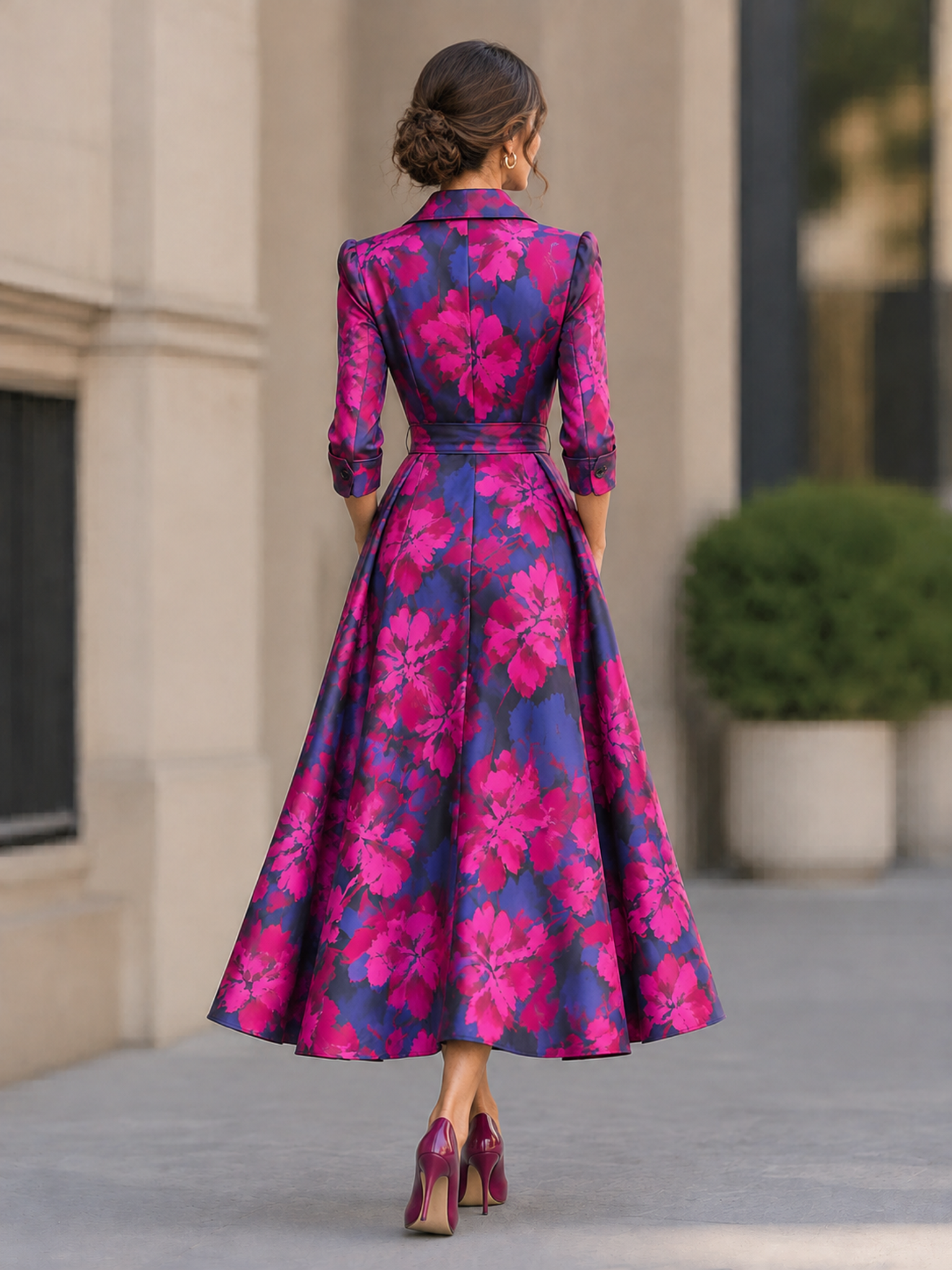 Navy Blue Notch Collar 3/4 Sleeve Floral Print Midi Dress