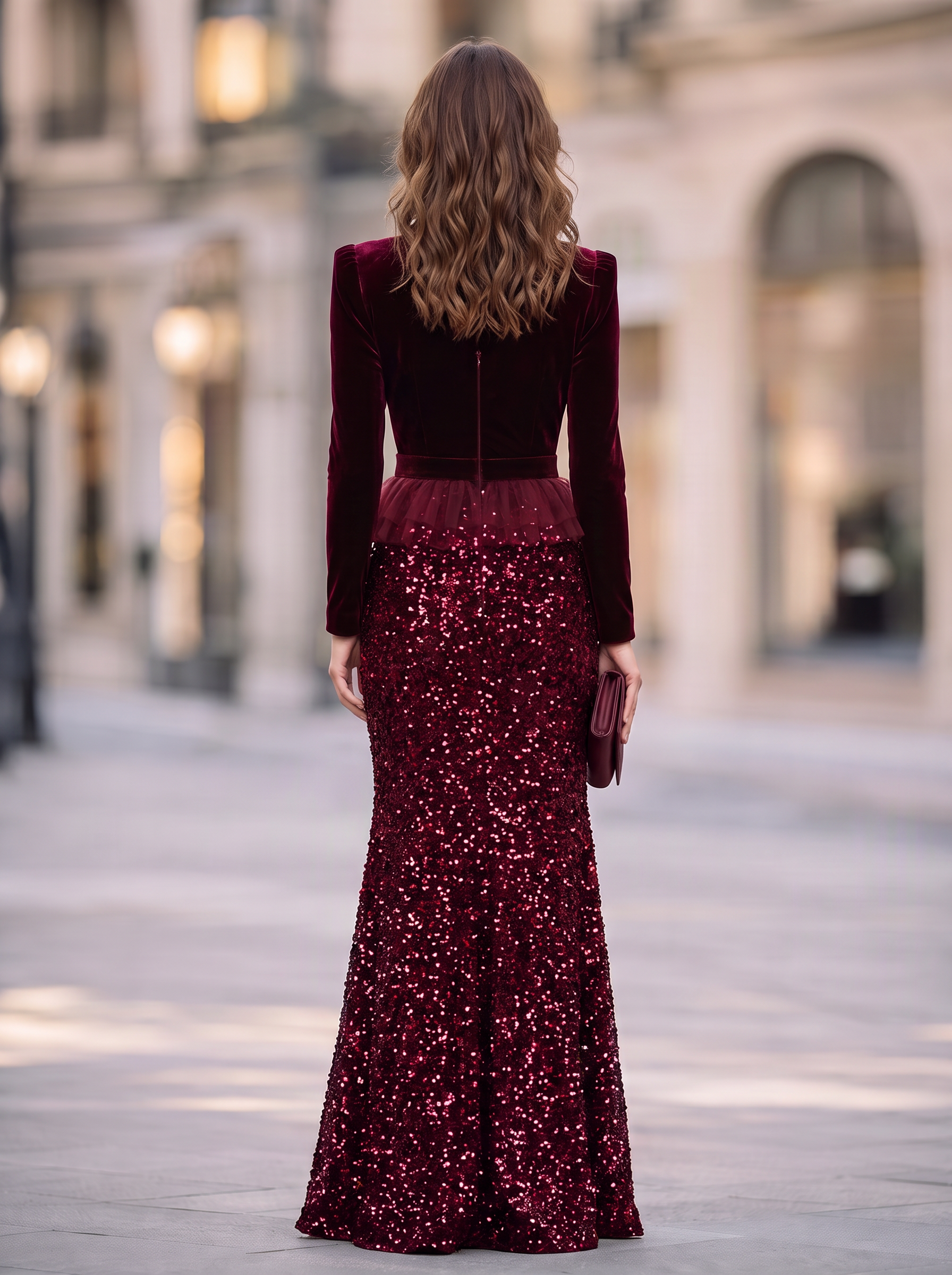 Burgundy Velvet High Neck Peplum Sequin Mermaid Maxi Dress