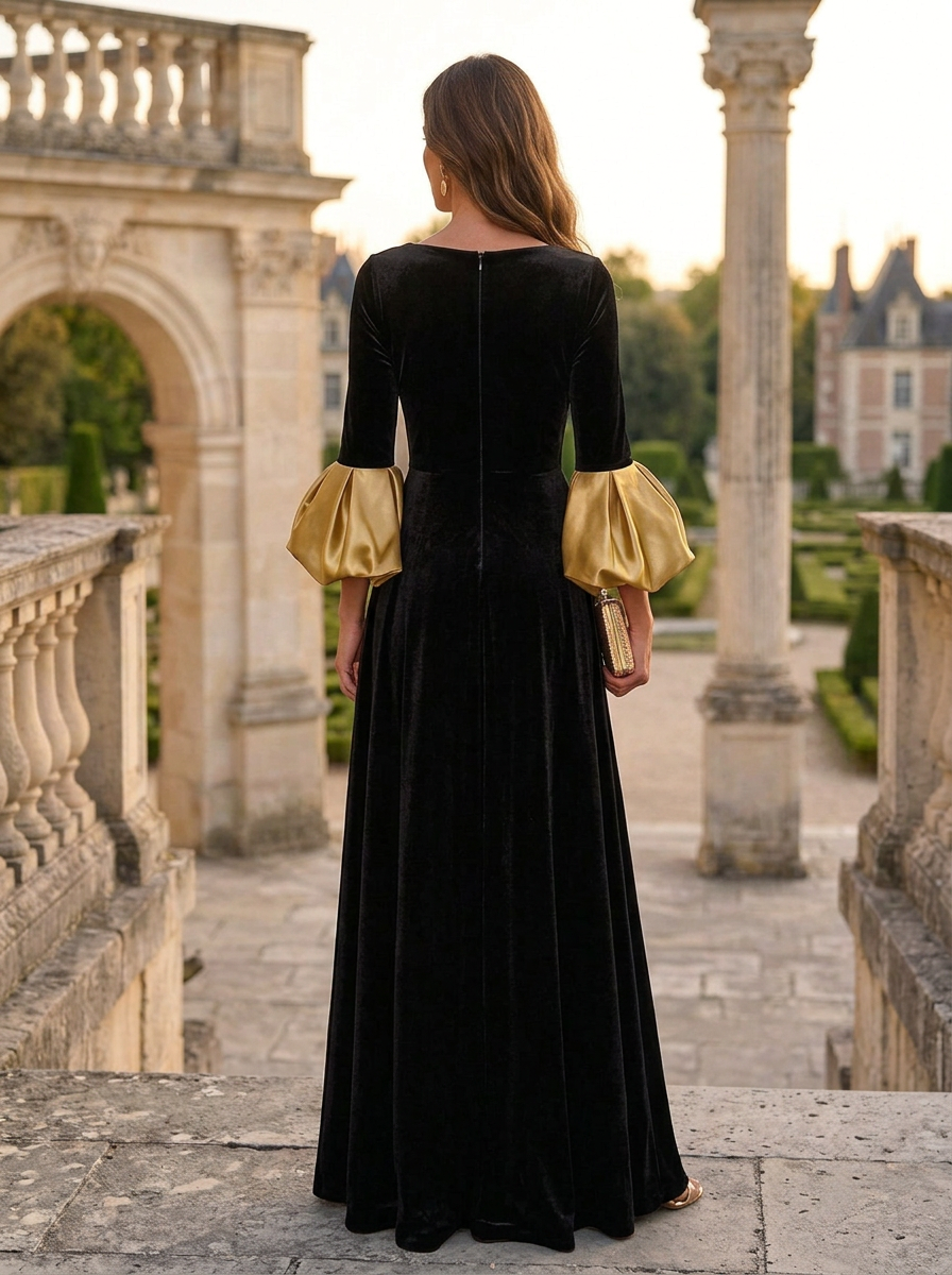 Black Velvet Asymmetric Neck Puff Cuff A-Line Maxi Dress