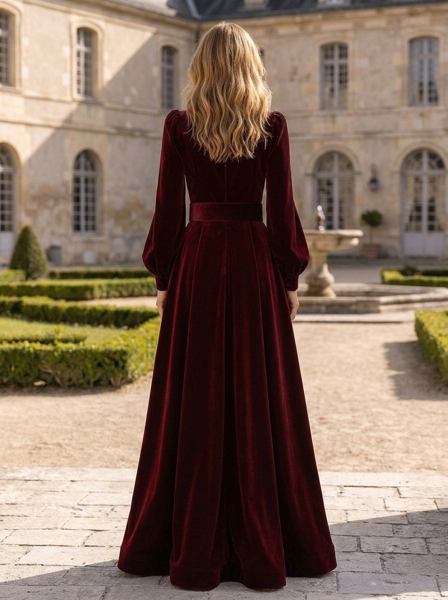 Burgundy Velvet V-Neck Long Sleeve Belted A-Line Maxi Dress