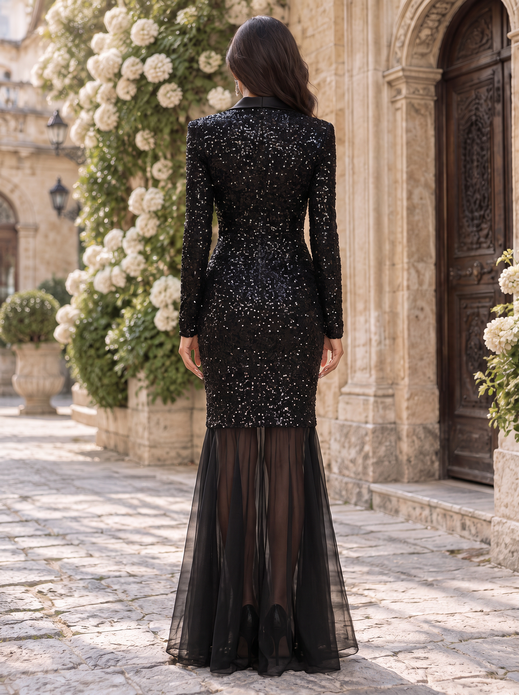 Black Sequin Notch Collar Long Sleeve Sheer Mermaid Maxi Dress