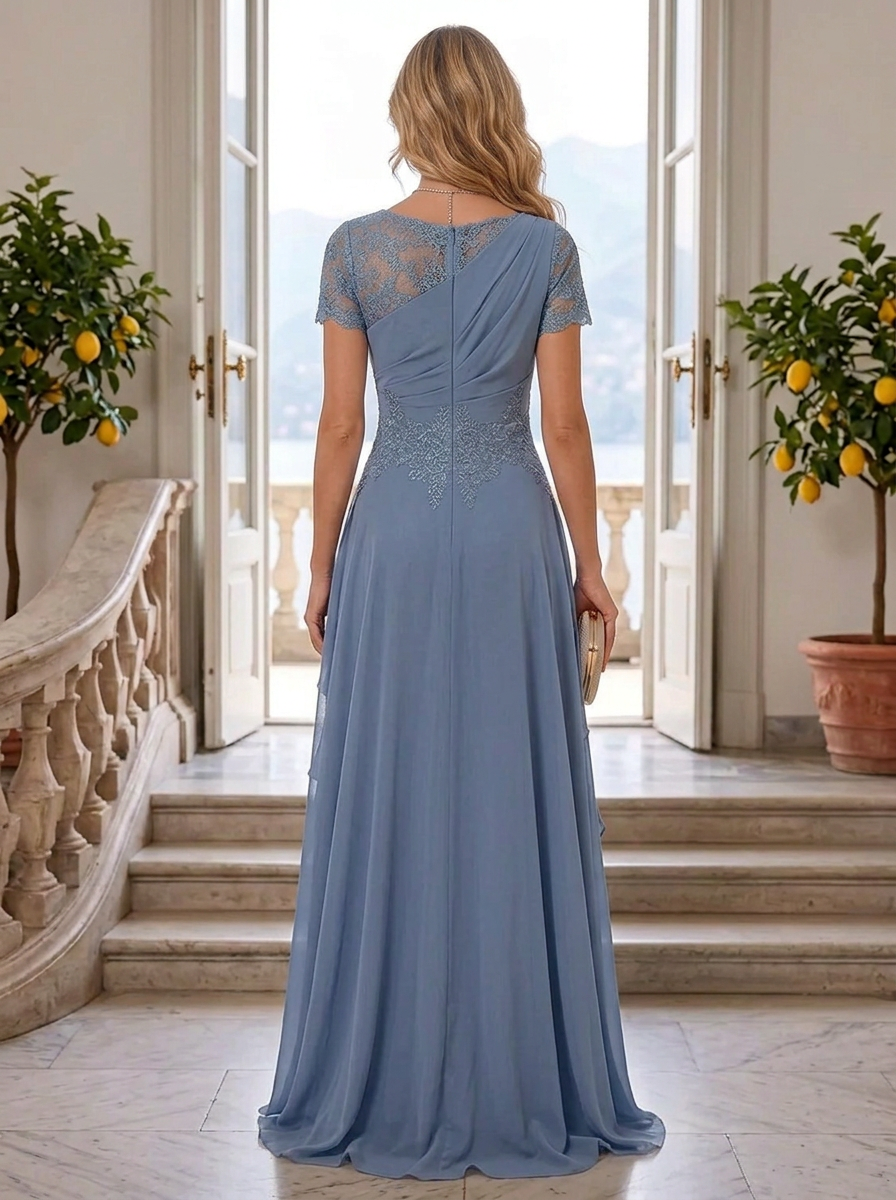Dusty Blue Asymmetrical Lace Ruffle A-Line Maxi Dress