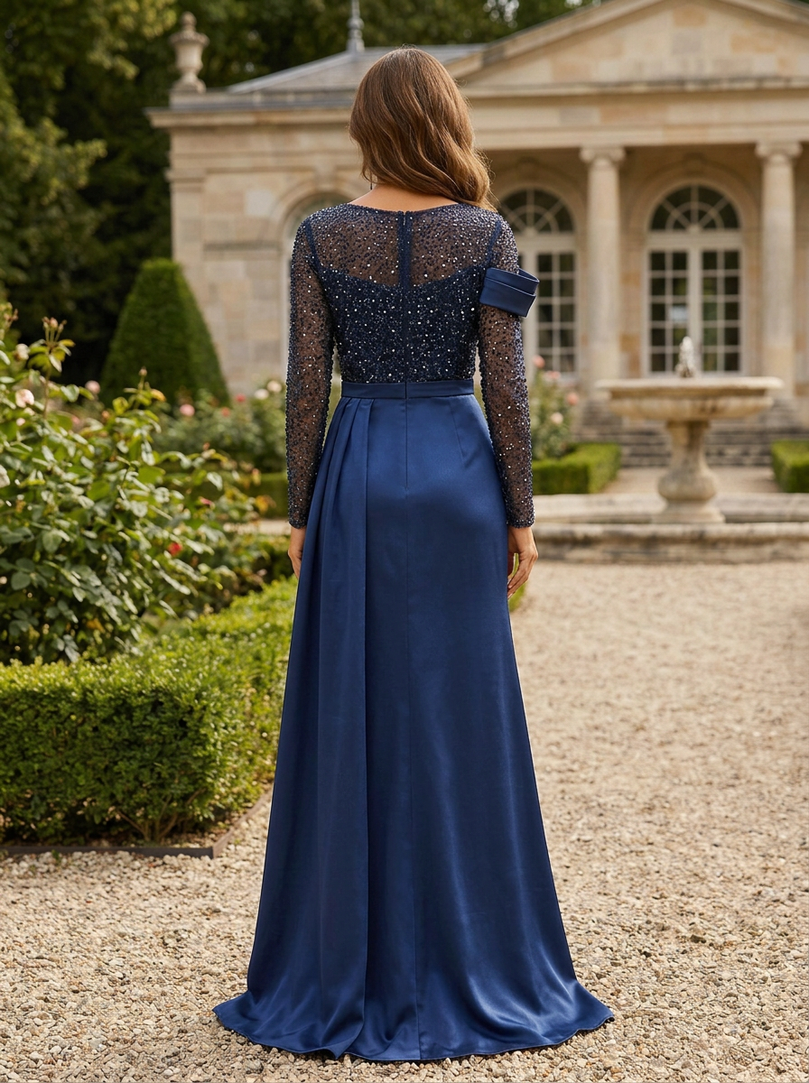 Navy Blue Beaded Long Sleeve Satin Slit Maxi Dress