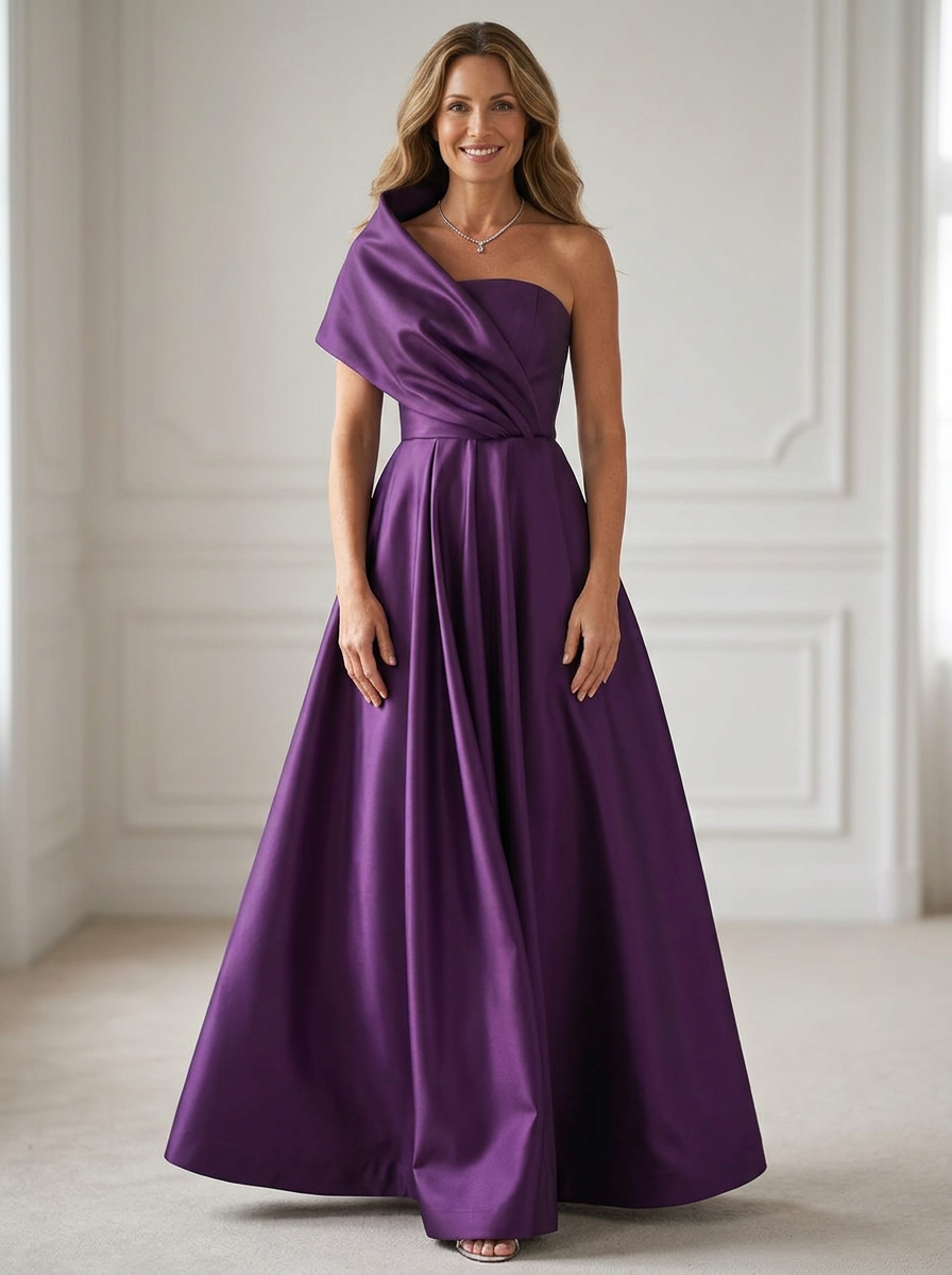  Deep Purple Satin One Shoulder Draped A-Line Maxi Dress