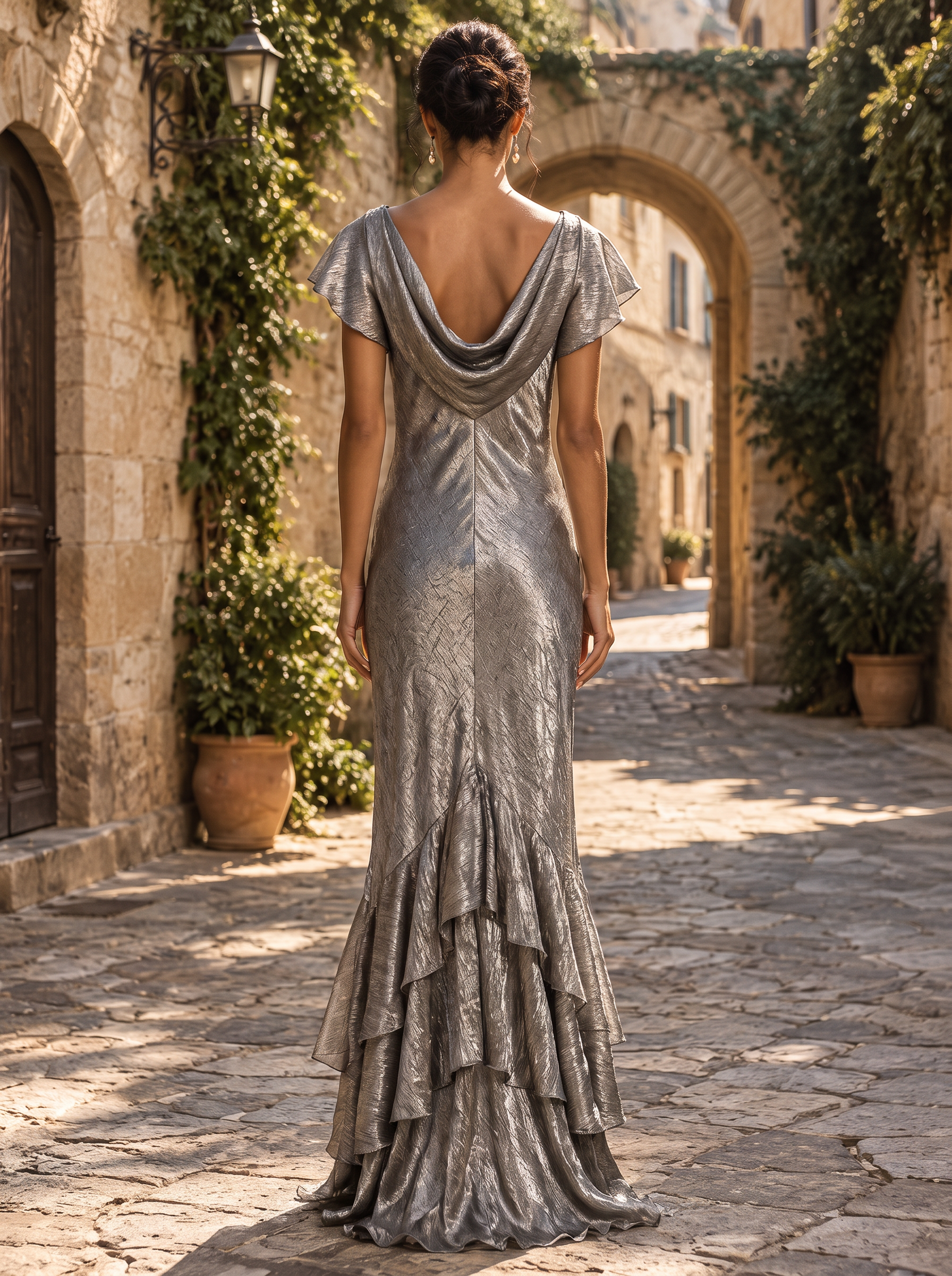 Silver Gray Cowl Neck Ruffle Tiered Mermaid Maxi Dress