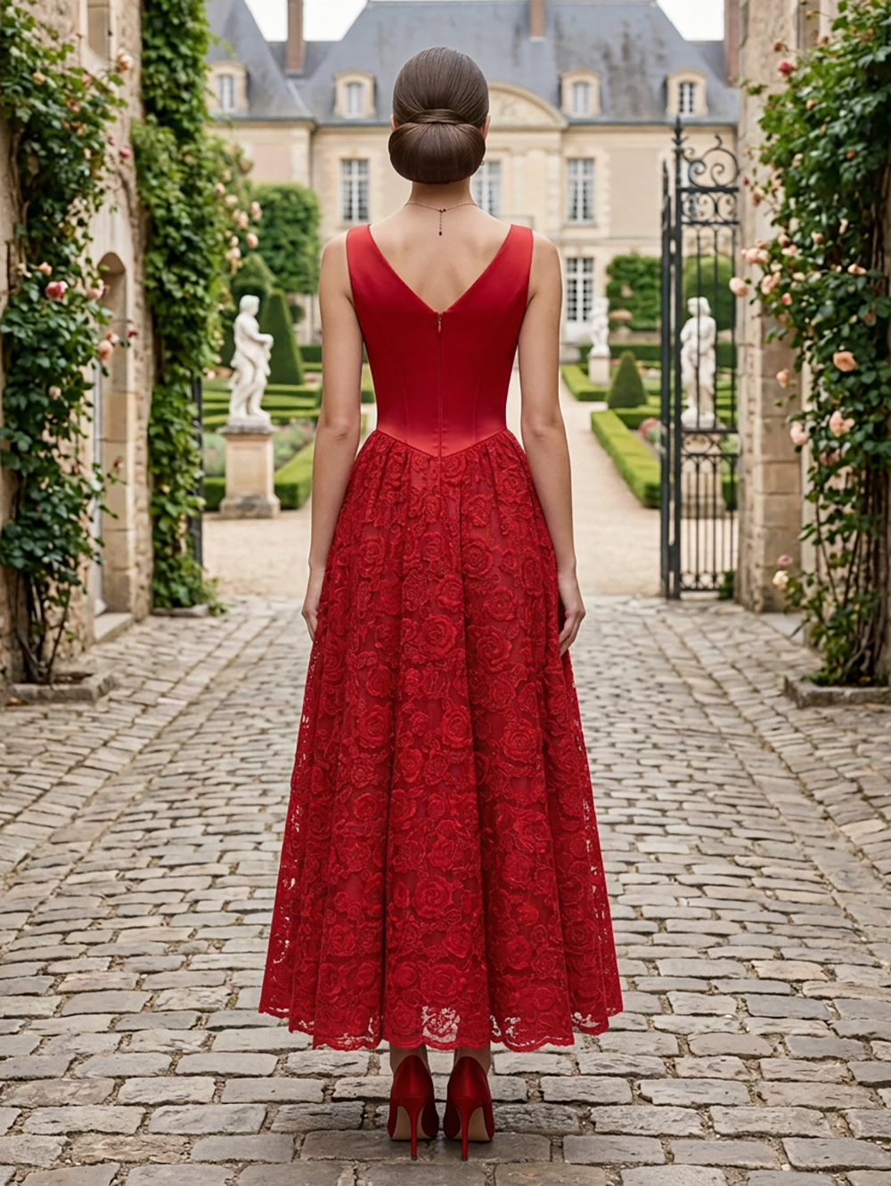 Red V-Neck Pleated Lace A-Line Midi Dress