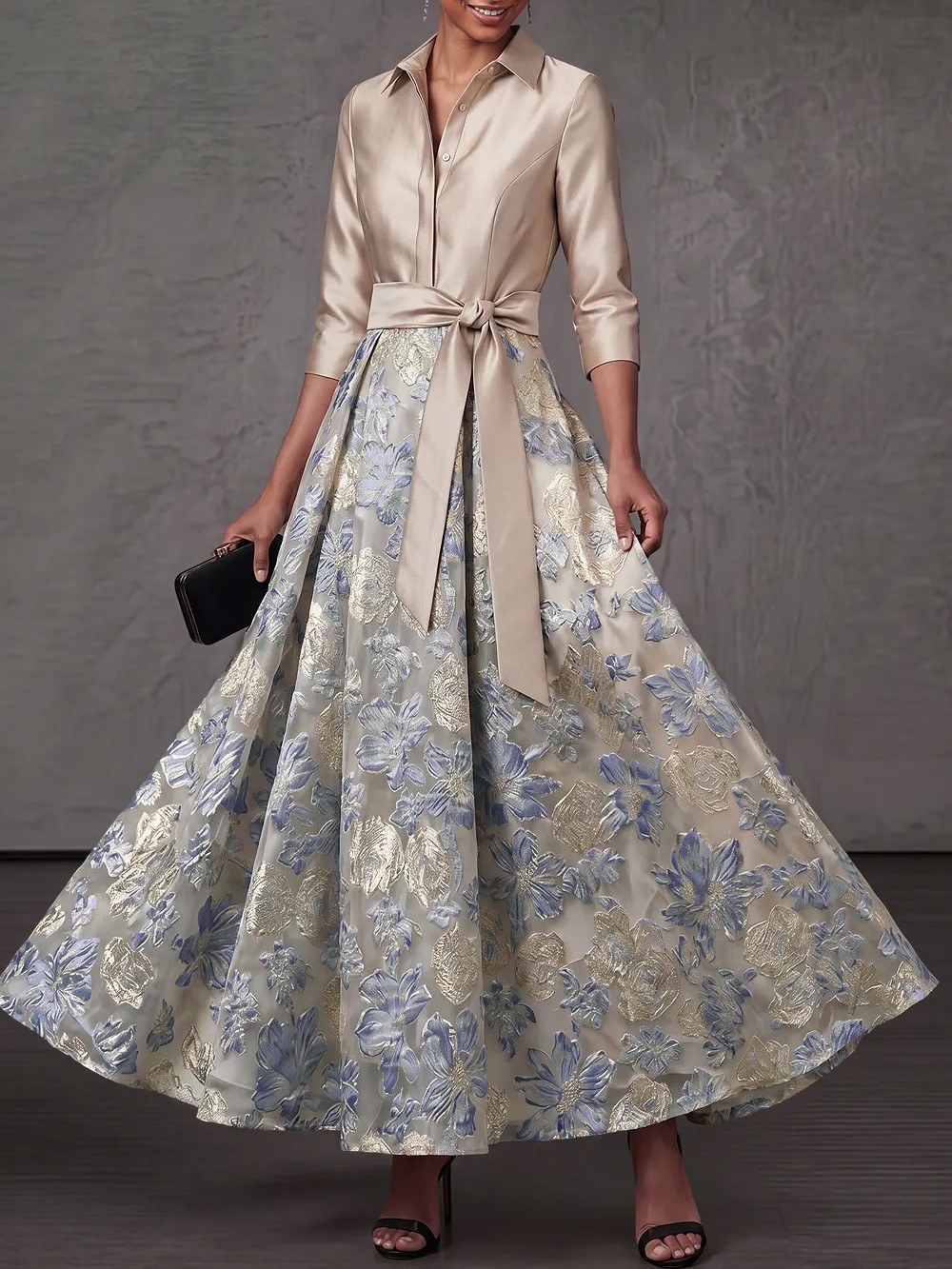 Dusty Blue A-Line Point Collar Embroidered Floral Dresses with Bow
