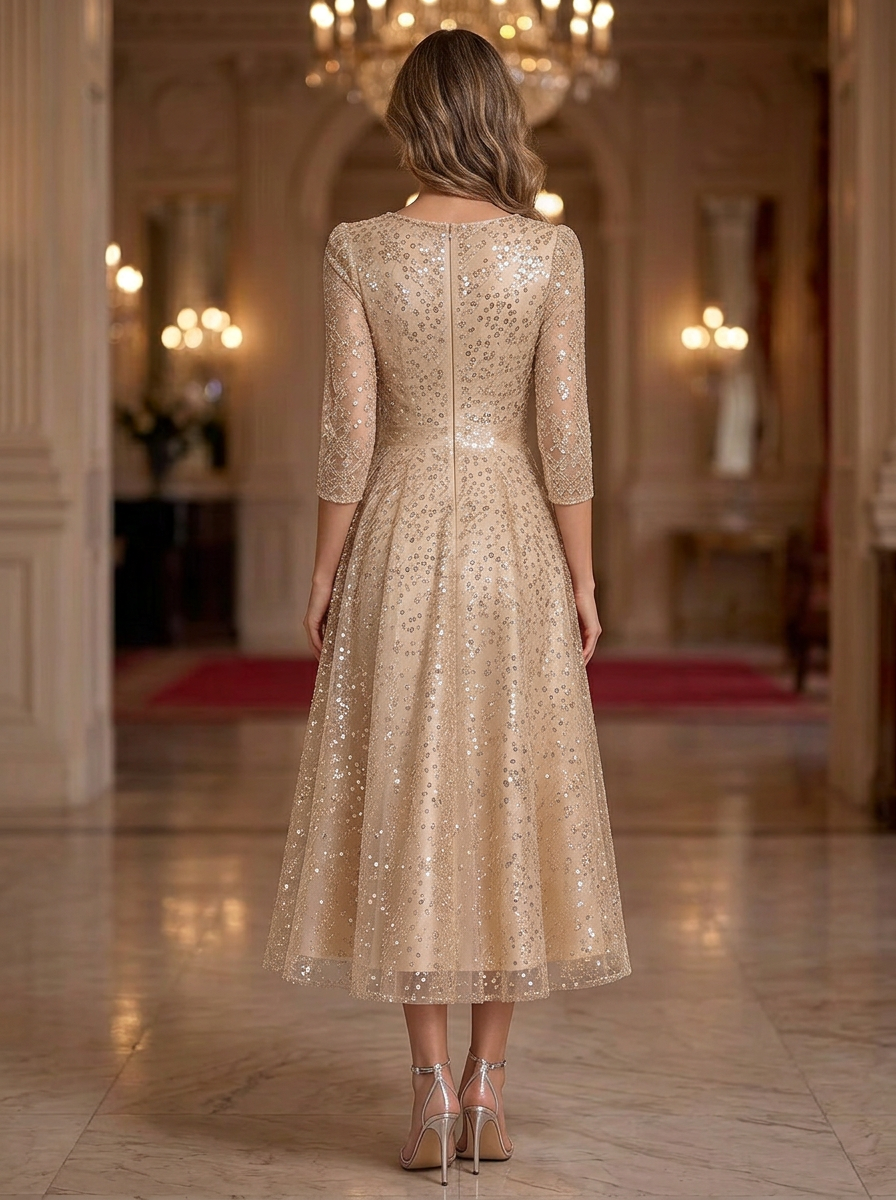 Champagne Gold Sequin Lace V-Neck 3/4 Sleeve Bow Tea-Length Dress