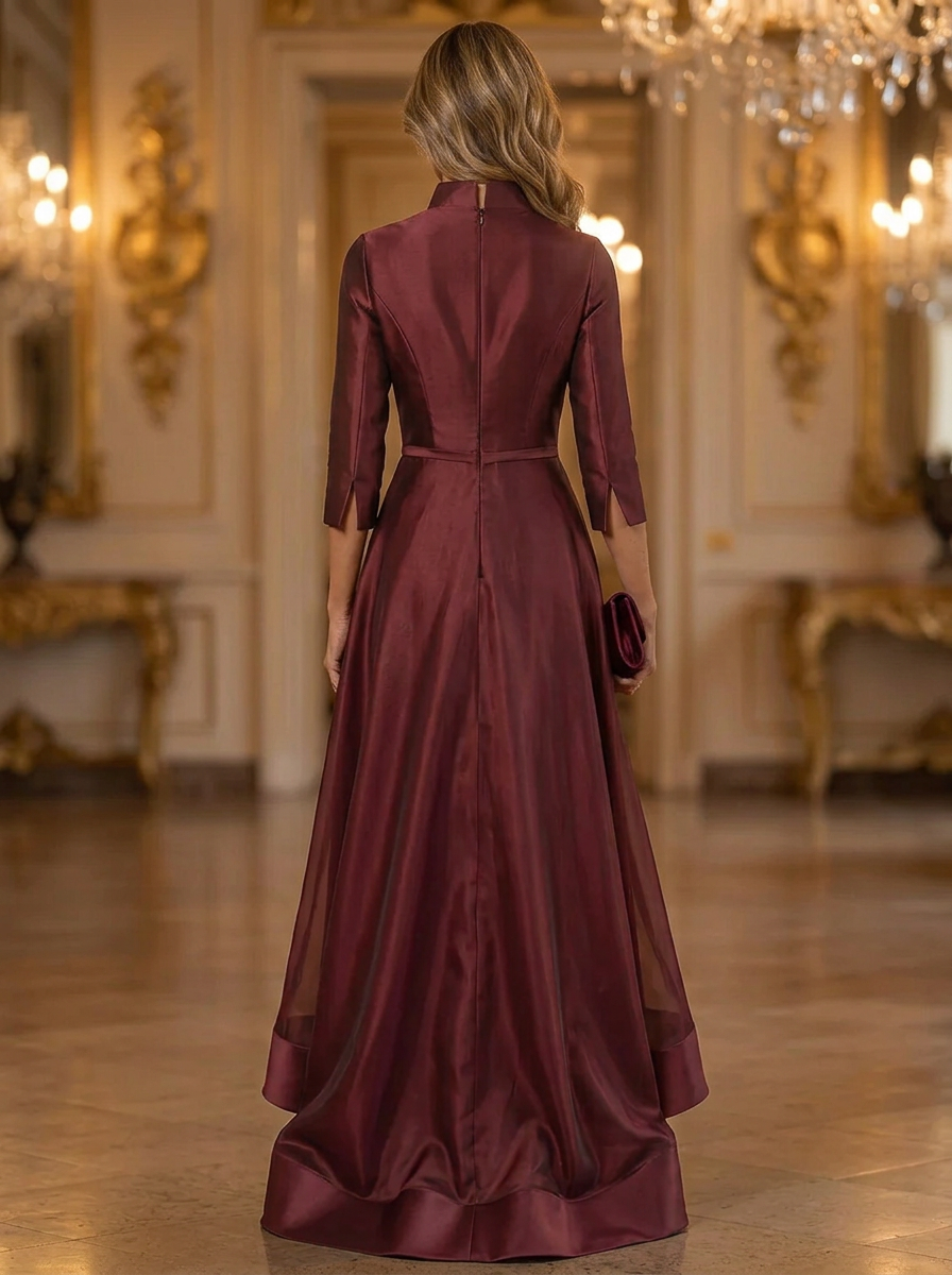Burgundy V-Neck 3/4 Sleeve Twist Waist Satin Maxi Dress