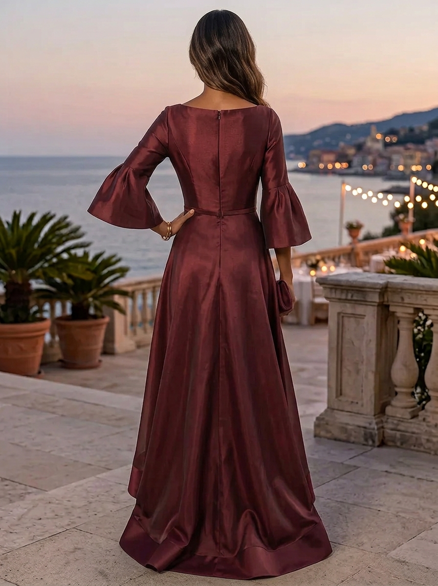 Burgundy Bateau Neck 3/4 Bell Sleeve Twist Waist Satin Maxi Dress