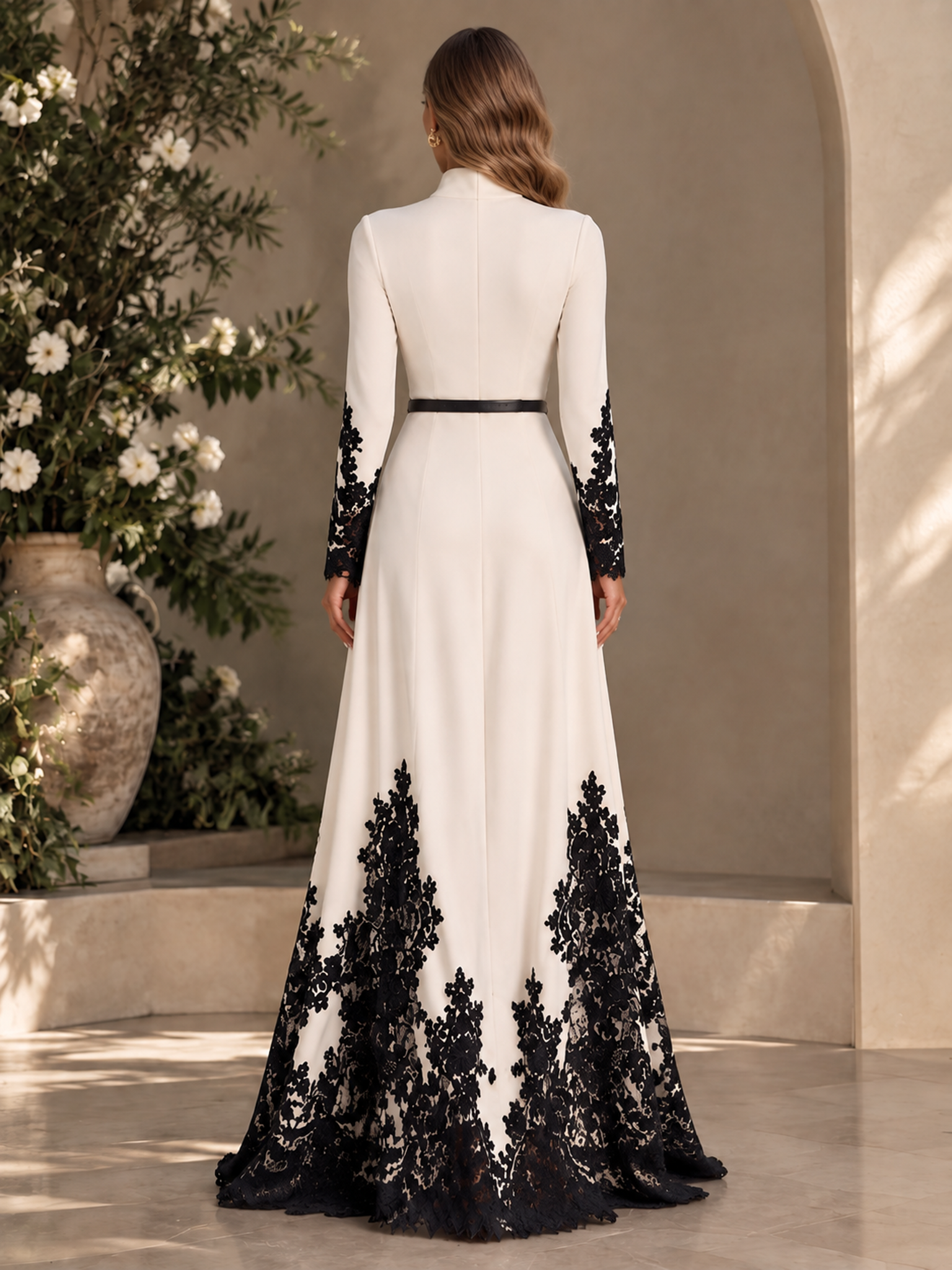 Ivory Mandarin Collar Long Sleeve Lace Maxi Dress
