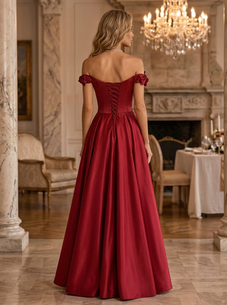 Burgundy Off Shoulder Bow Satin Ball Gown Maxi Dress
