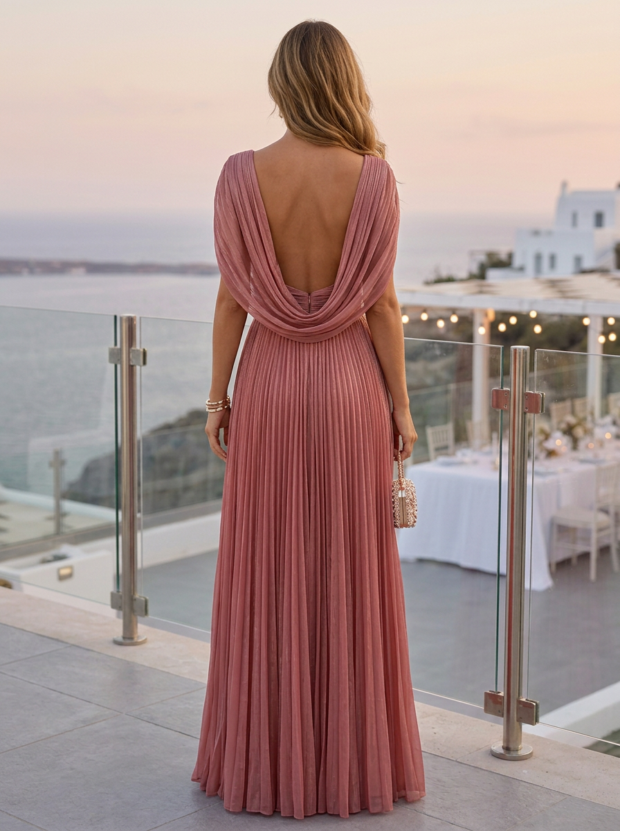 Blush Pink Deep V-Neck Pleated Maxi Dress