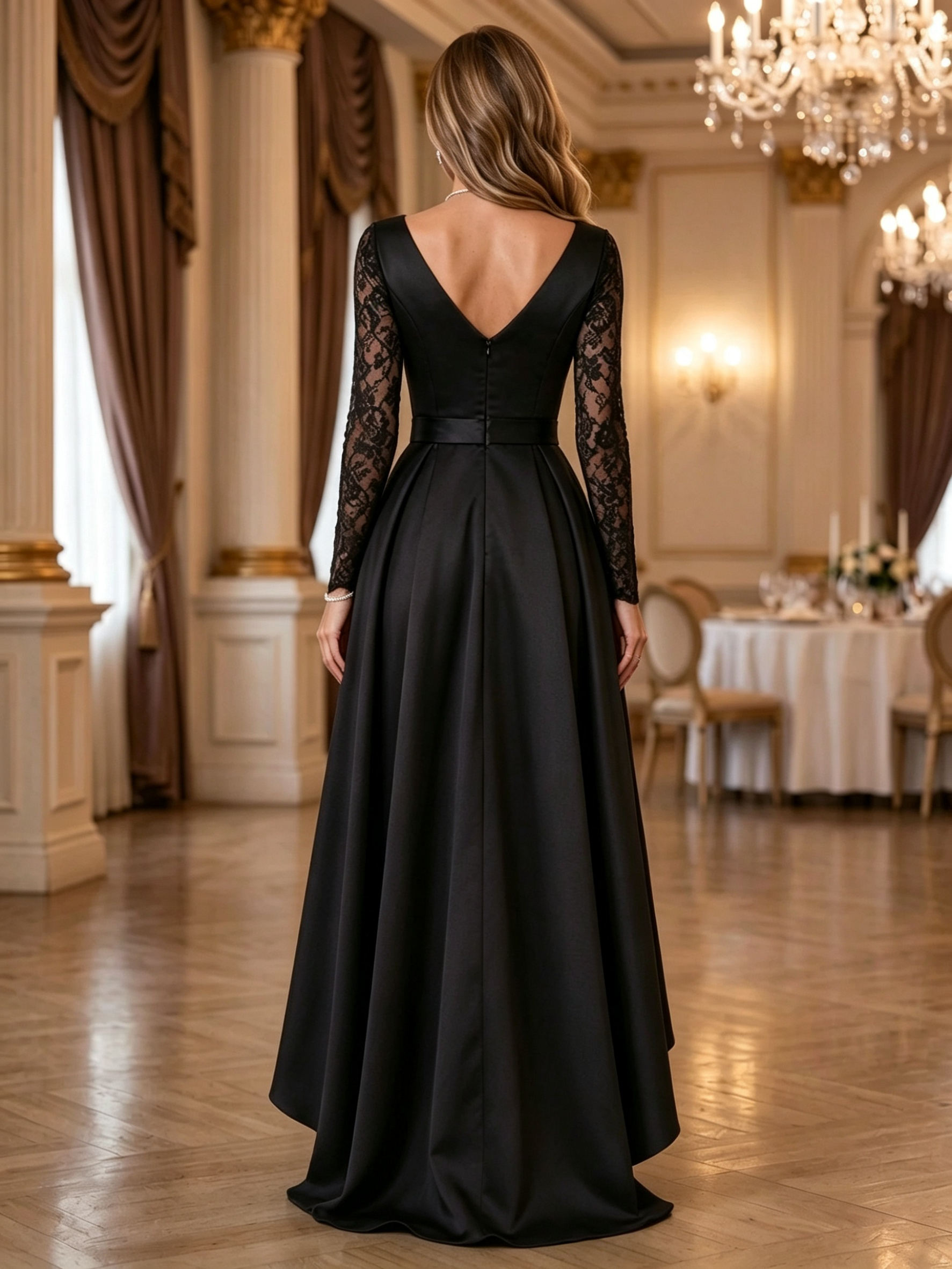 Black Long Sleeve Lace Deep V-Neck High-Low Maxi Dress