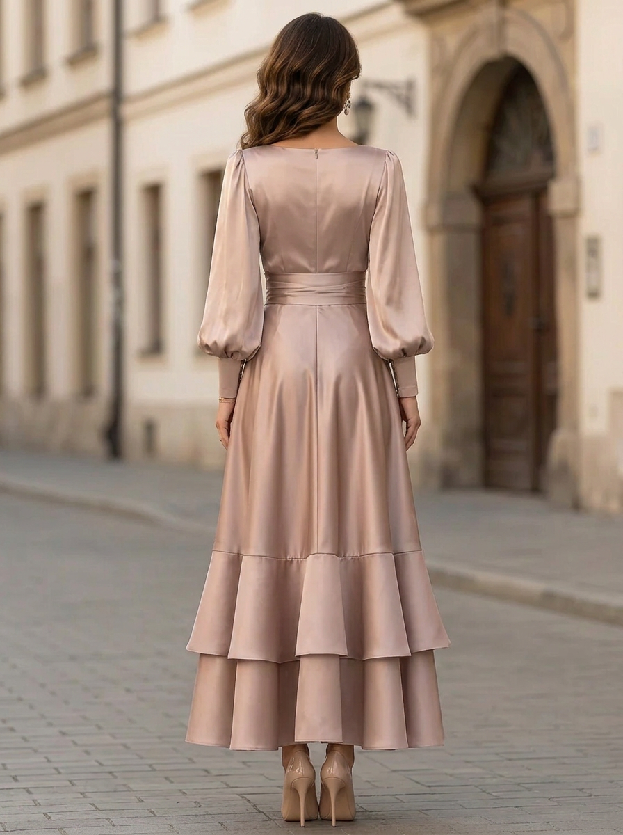 Champagne Gold Long Sleeve Sash Bow Multi-Layer Ruffle Satin Maxi Dress