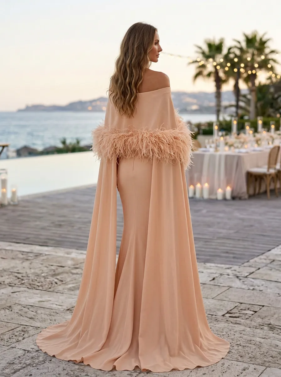 Nude Pink Off Shoulder Feather Mermaid Maxi Dress