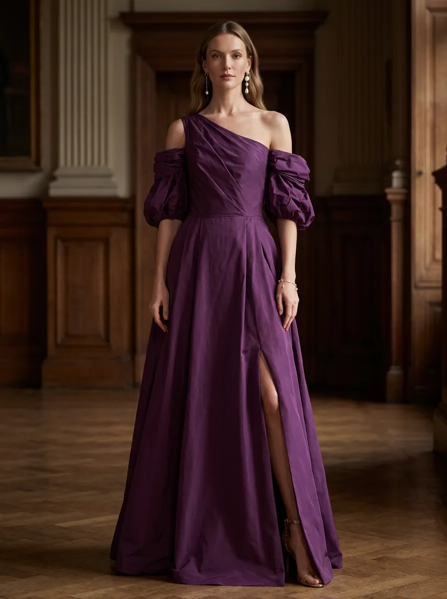 Plum One Shoulder Bubble Sleeve High Slit Maxi Dress