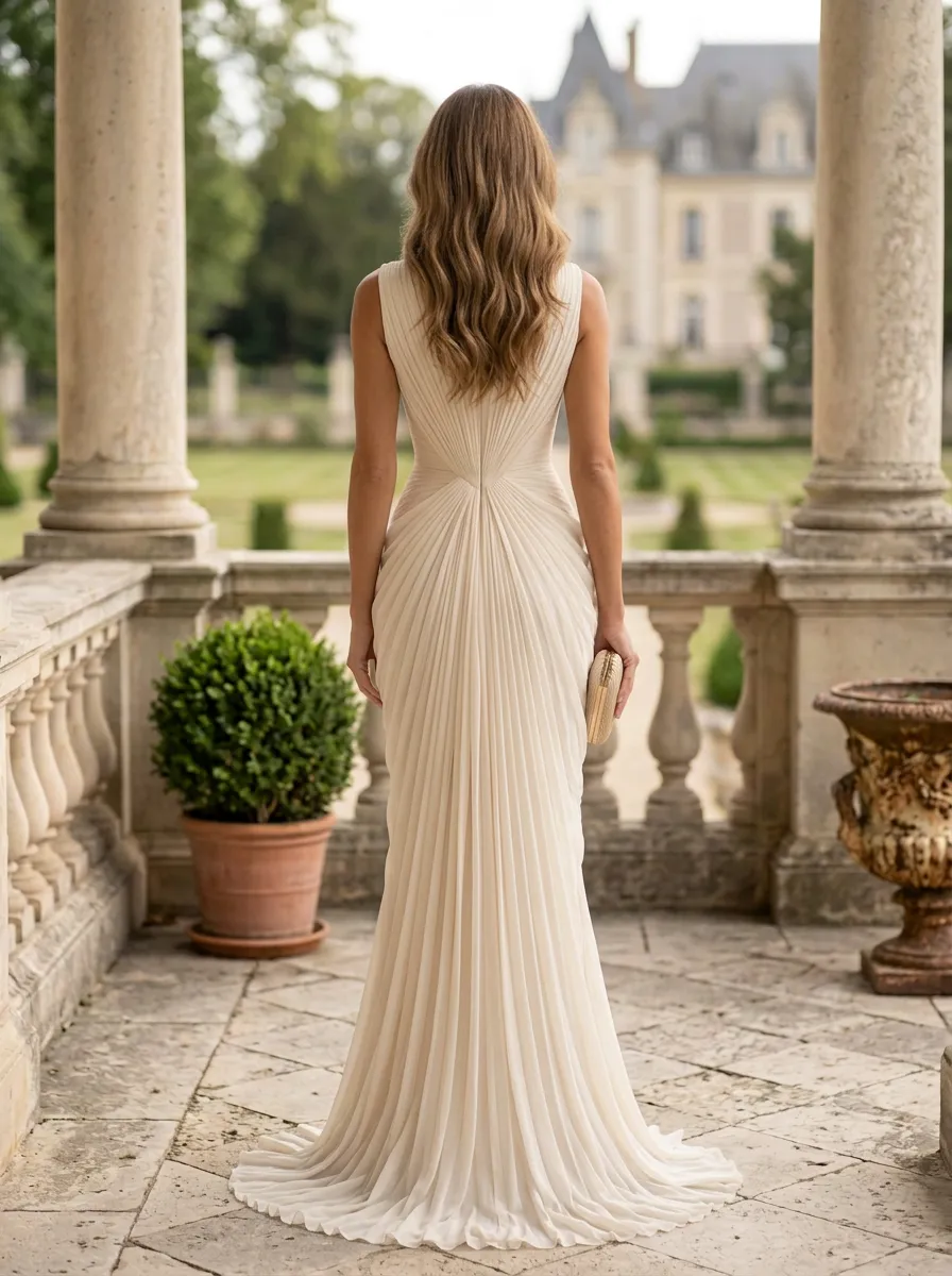 Ivory Sleeveless Pleated Mermaid Train Maxi Dress