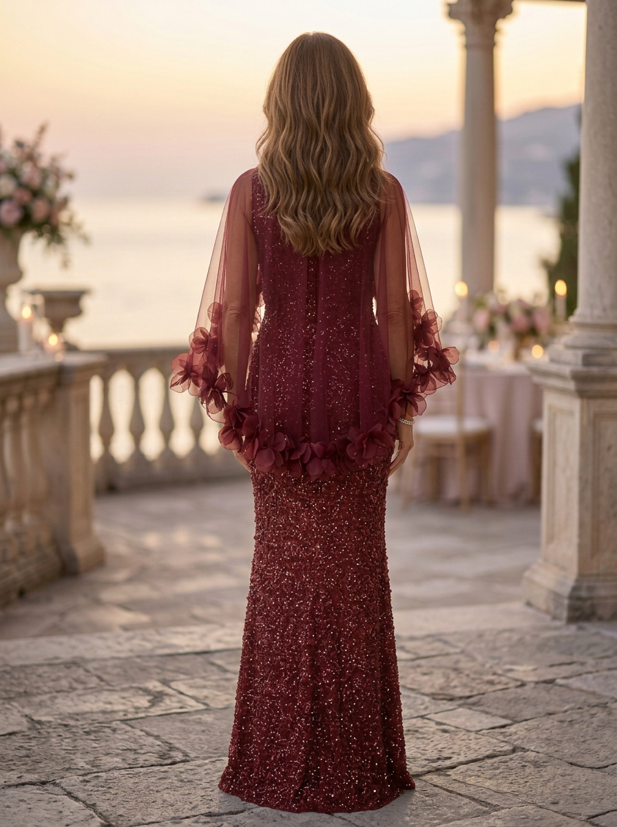 Burgundy Sequin Floral Cape Mermaid Maxi Dress