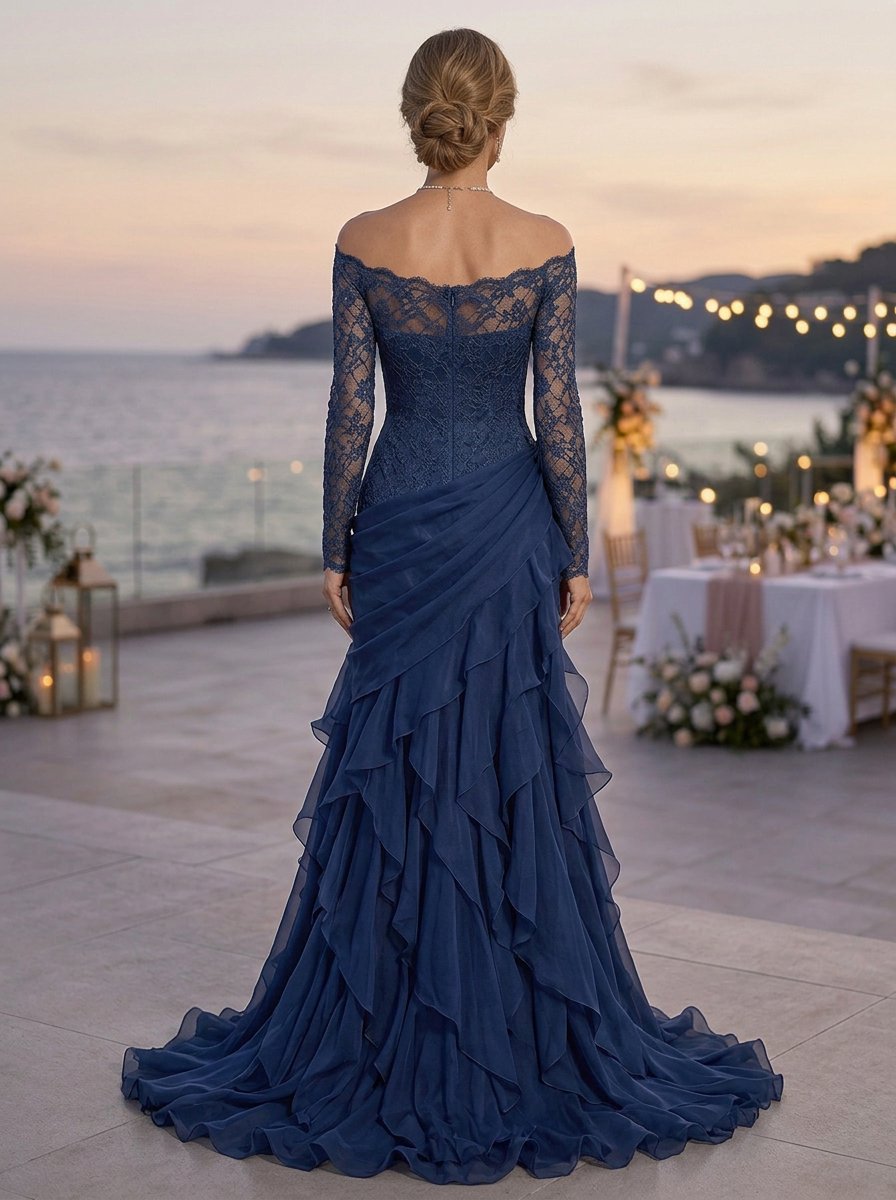 Navy Blue Off Shoulder Long Sleeve Lace Layered Mermaid Maxi Dress