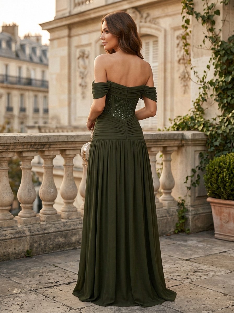 Olive Green Strapless Sequin Pleated Maxi Dress