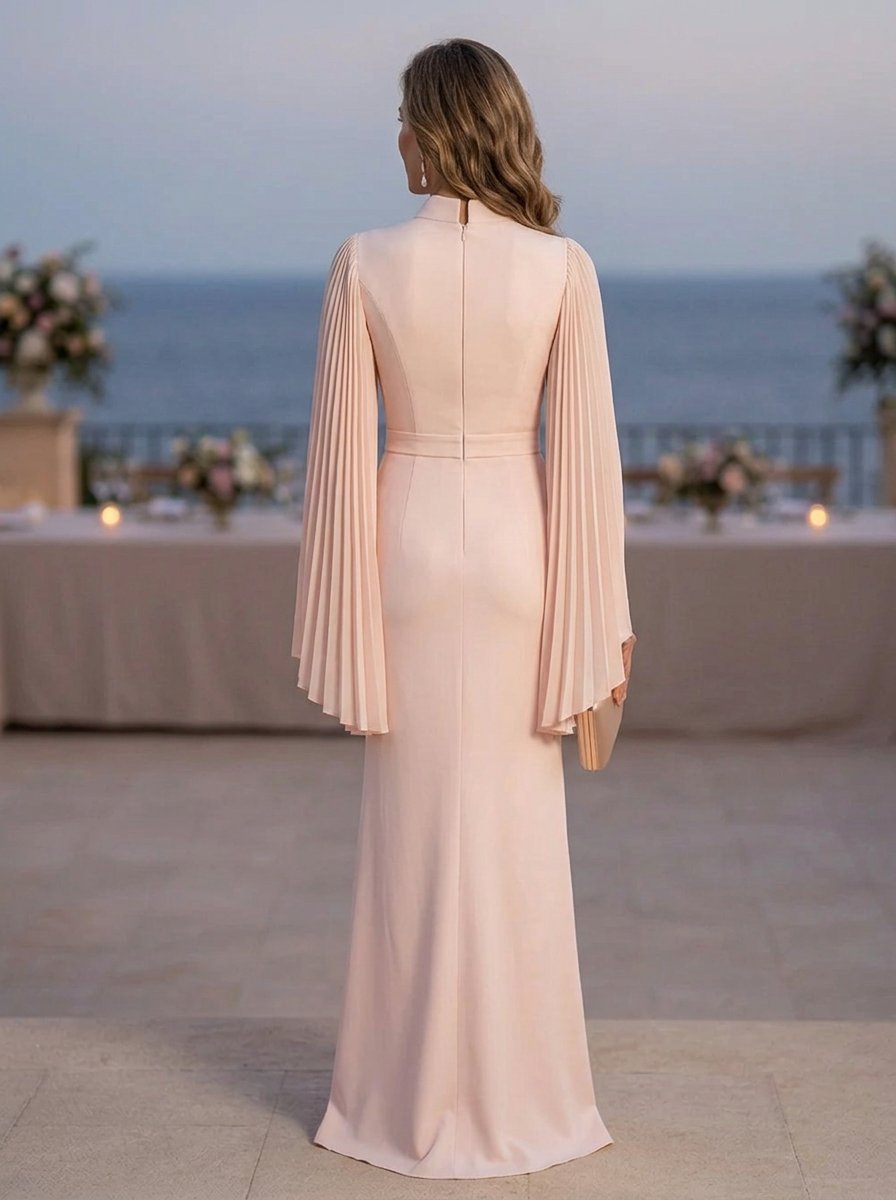 Blush Pink High Neck Beaded Pleated Sleeve Maxi Dress
