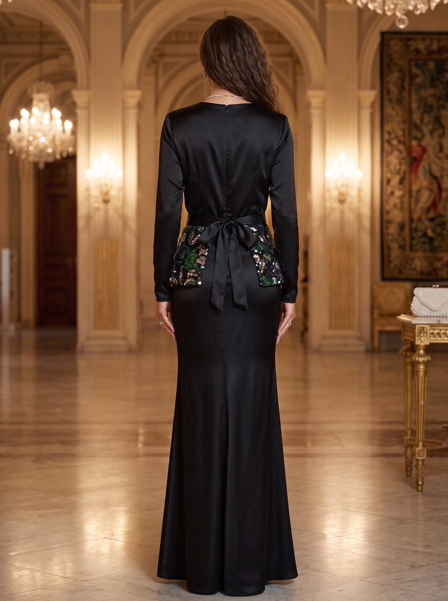 Black Long Sleeve Satin Beaded Belt Mermaid Maxi Dress