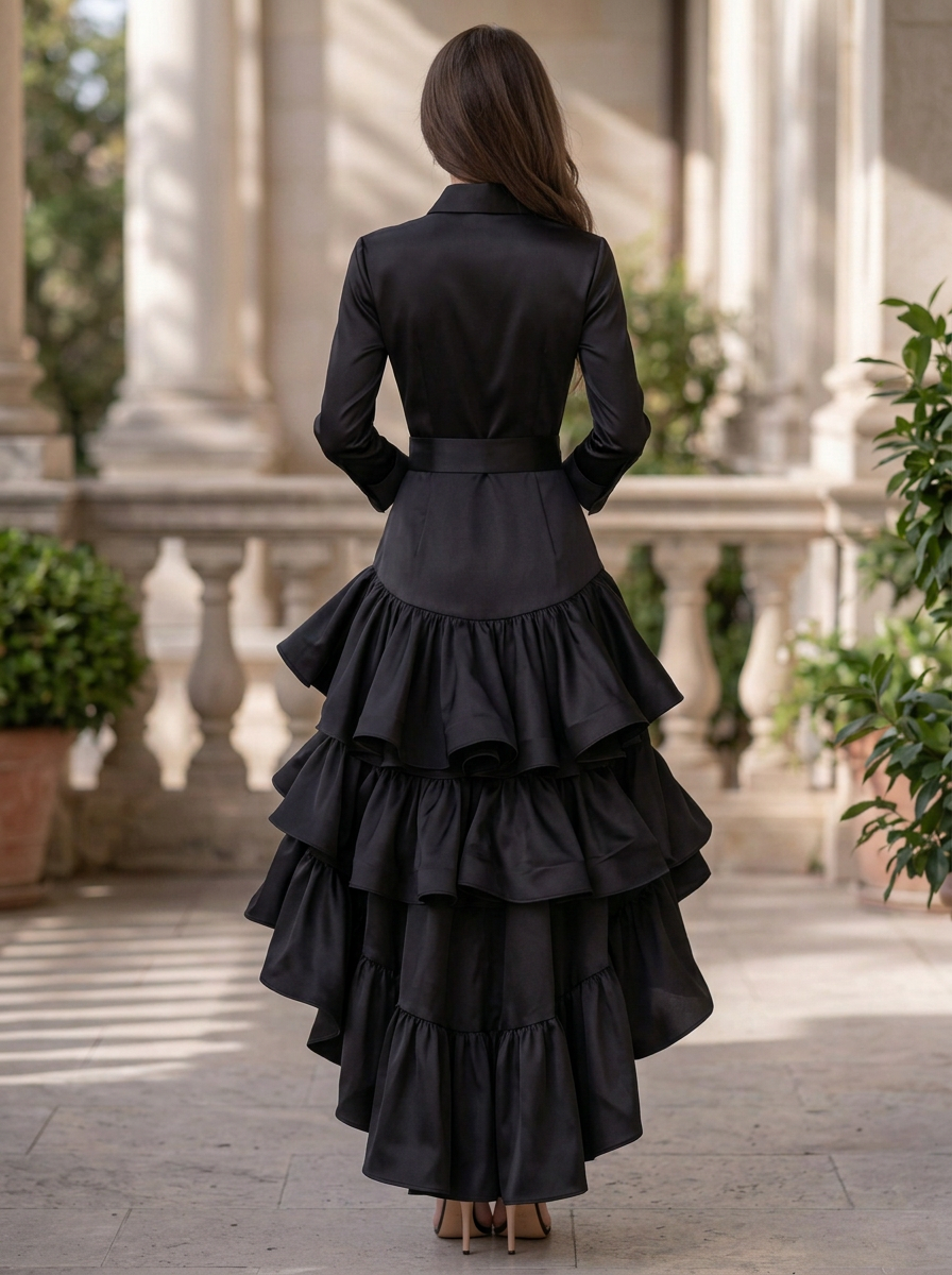 Black Collared Long Sleeve Tiered Ruffle High Low Maxi Dress