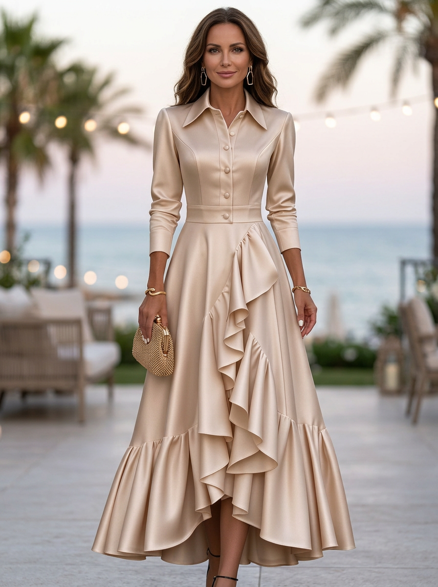 Champagne Collared 3/4 Sleeve Ruffle A Line Floor-Length Maxi Dress