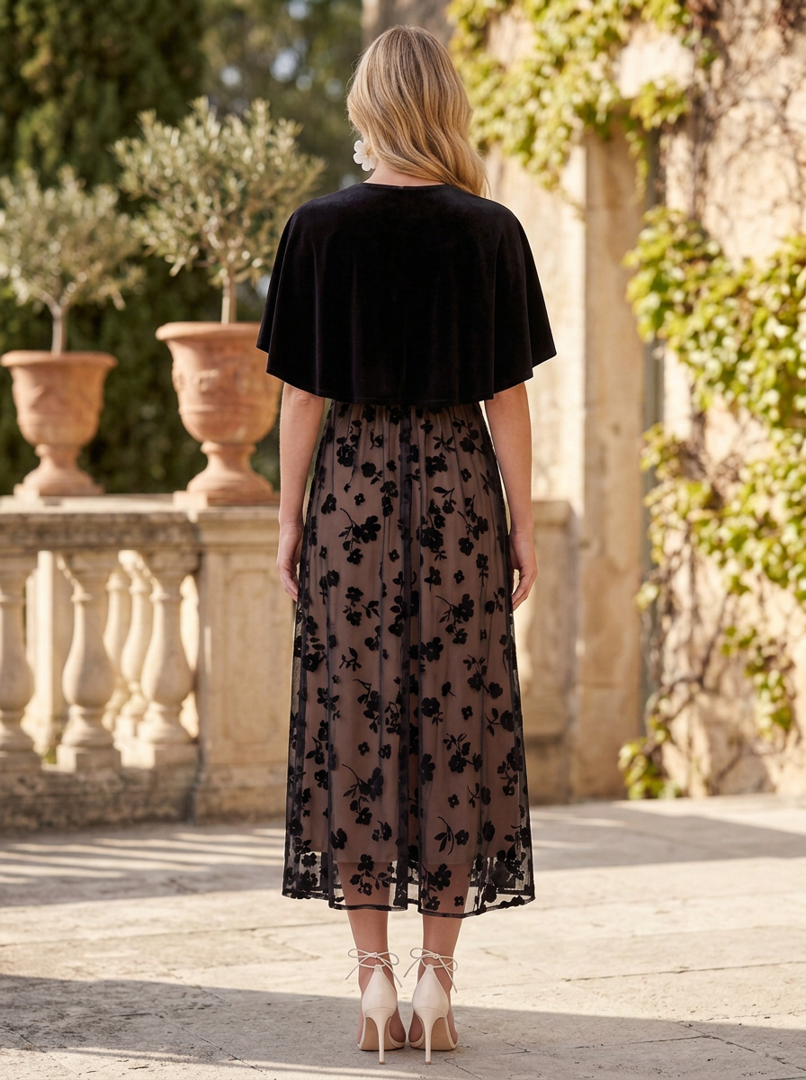 Black Velvet Cape Floral Chiffon Tea-Length Dress