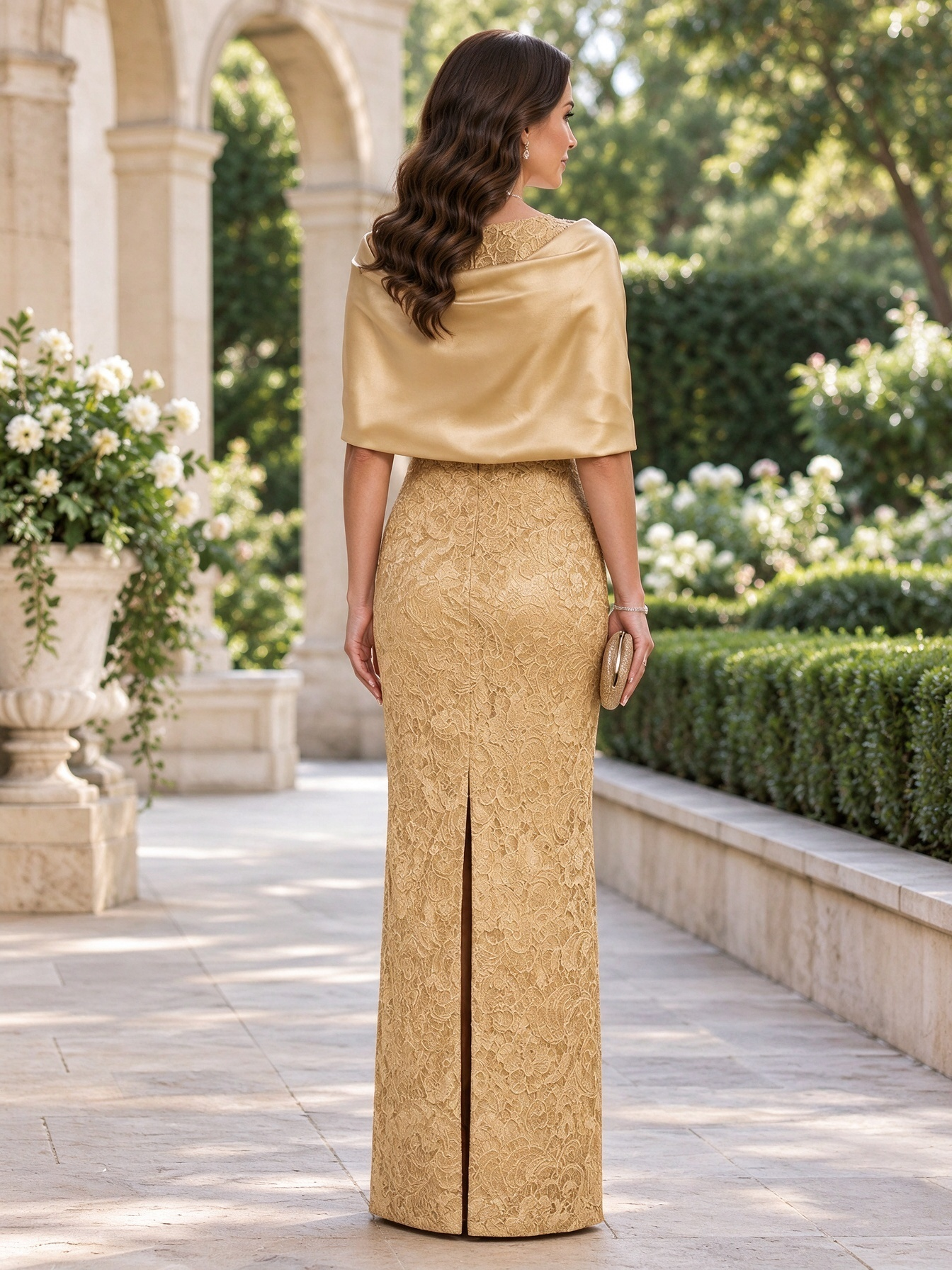 Gold Lace Satin Drape Slit Maxi Dress