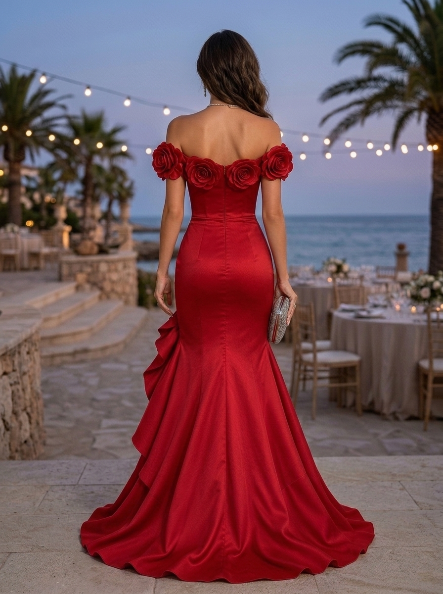 Red Off Shoulder Satin Floral Ruffle Mermaid Maxi Dress