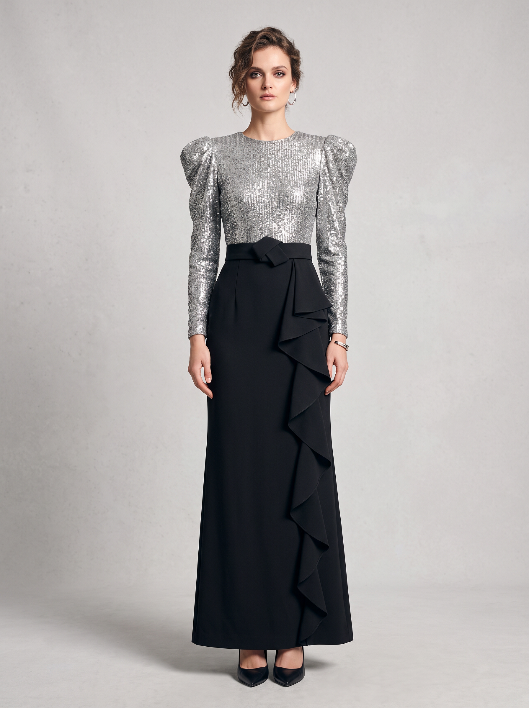 Silver Sequin Puff Sleeve Mermaid Maxi Dress