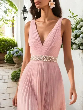 Pink Pleated Floral Deep V Neck A-Line Maxi Chiffon Dress