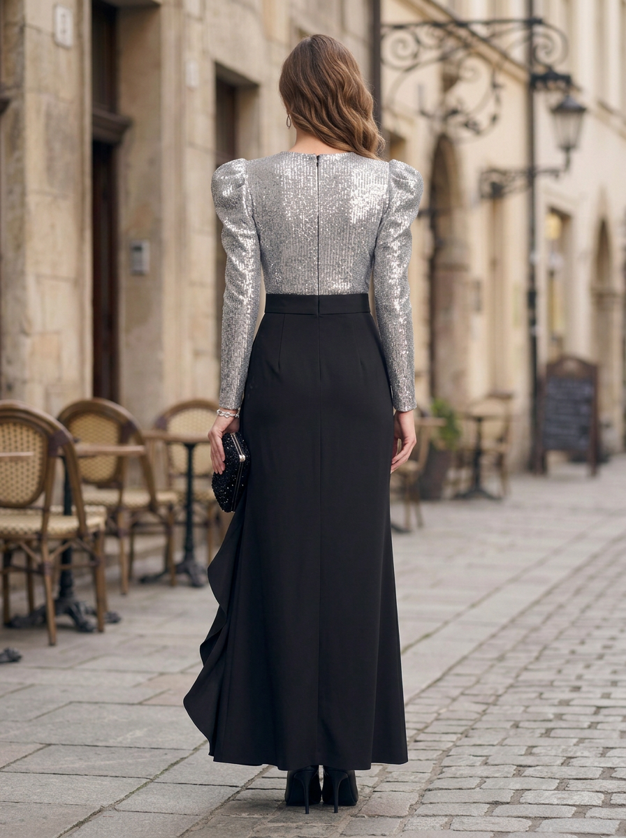 Silver Sequin Puff Sleeve Mermaid Maxi Dress