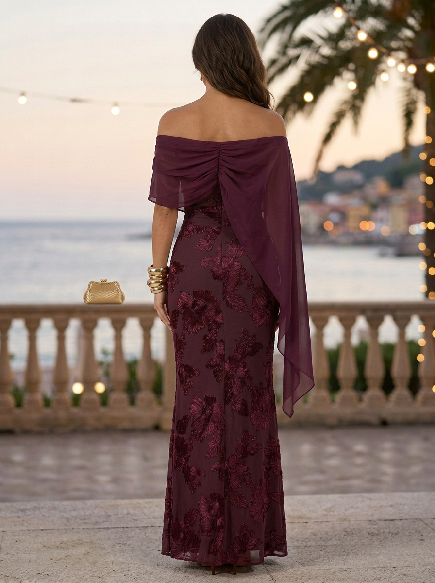 Burgundy Off Shoulder Chiffon Floral Mermaid Maxi Dress