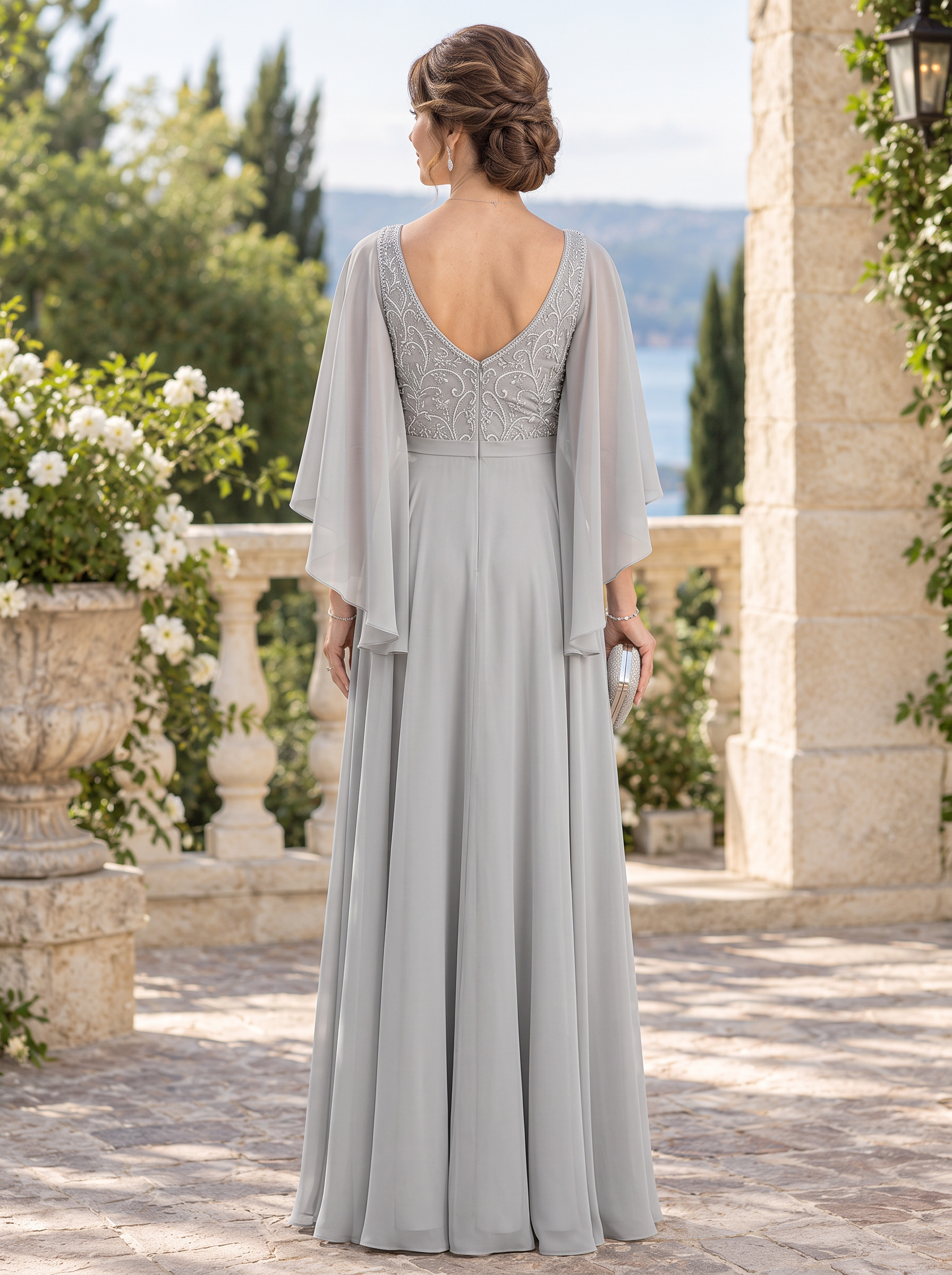 Light Gray Lace Bodice Chiffon Maxi Dress