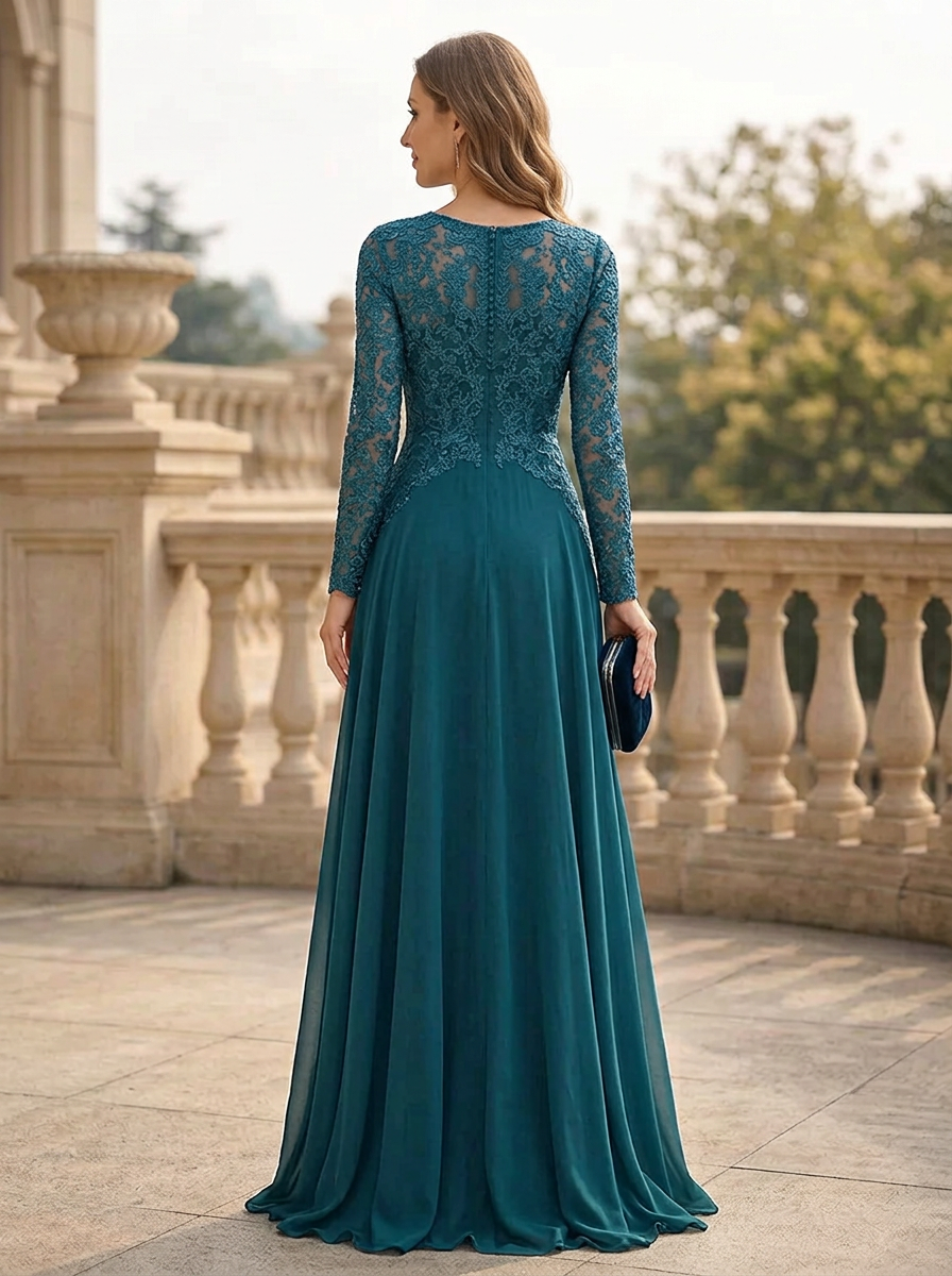 Teal Green Lace Bodice Chiffon Maxi Dress