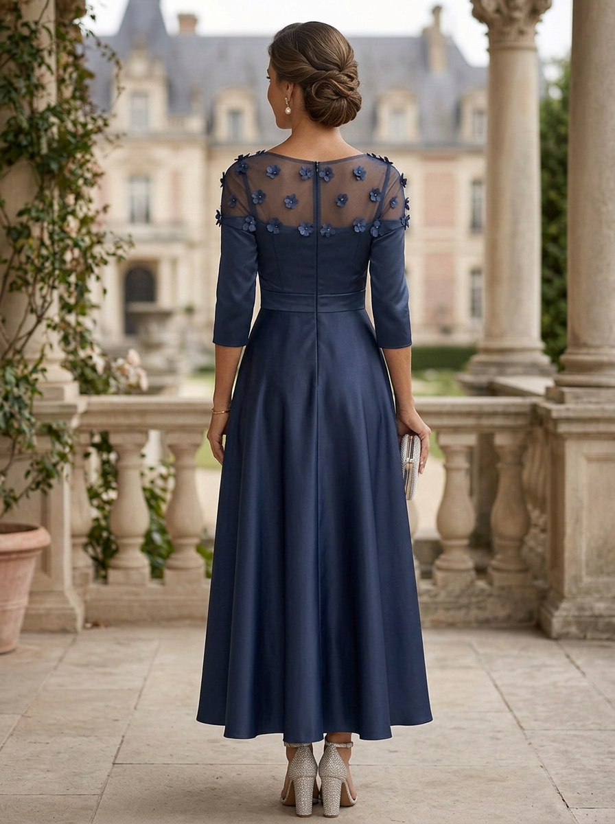 Navy Blue Satin Asymmetrical Neck A-Line Midi Dress