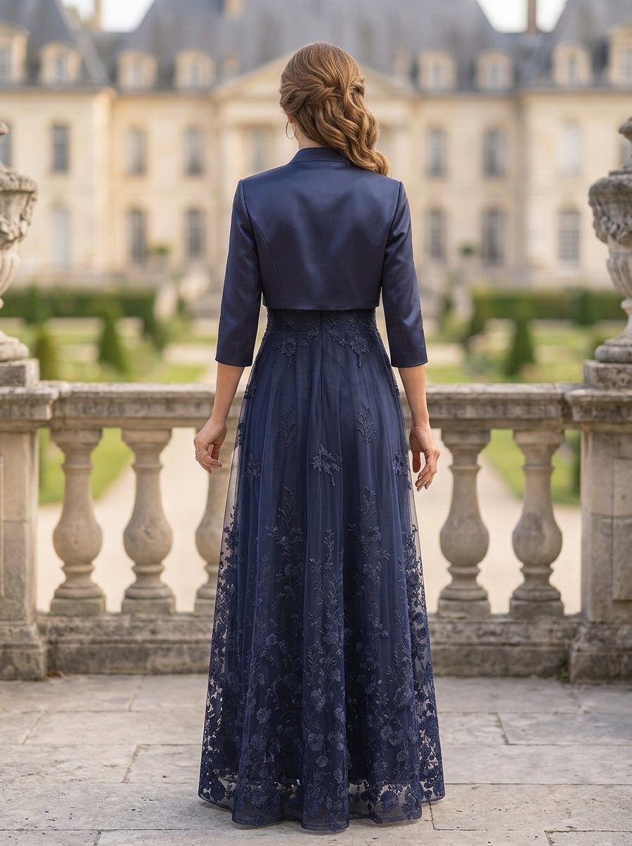 Navy Blue Lace Embroidered A-Line Maxi Dress with Jacket