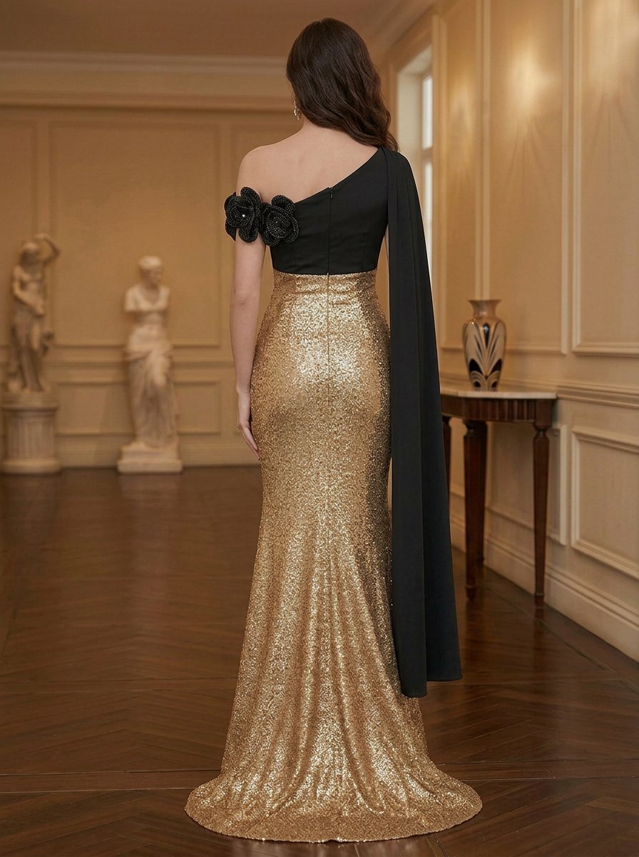 Black & Gold One Shoulder Sequin Floral Mermaid Maxi Dress
