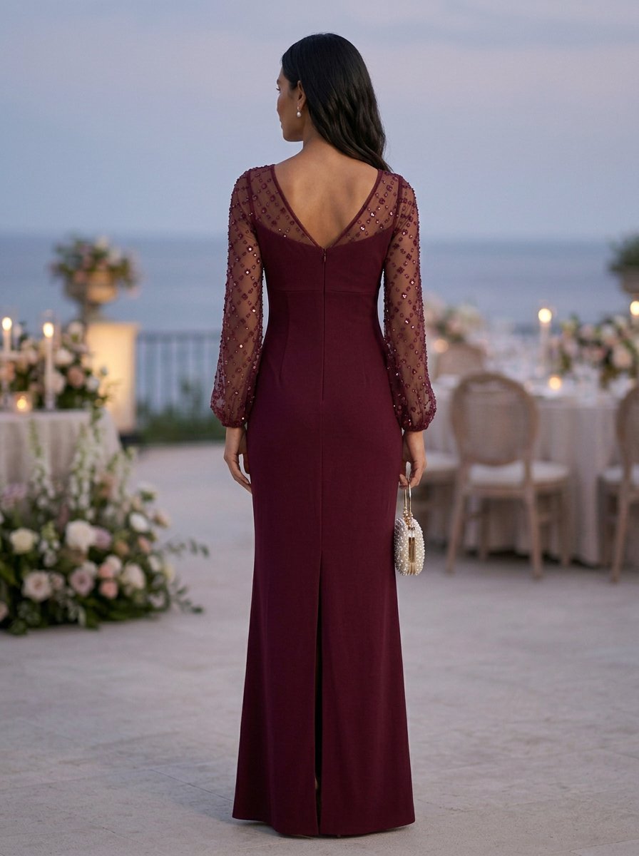 Burgundy Mesh Long Sleeve Beaded Mermaid Maxi Dress