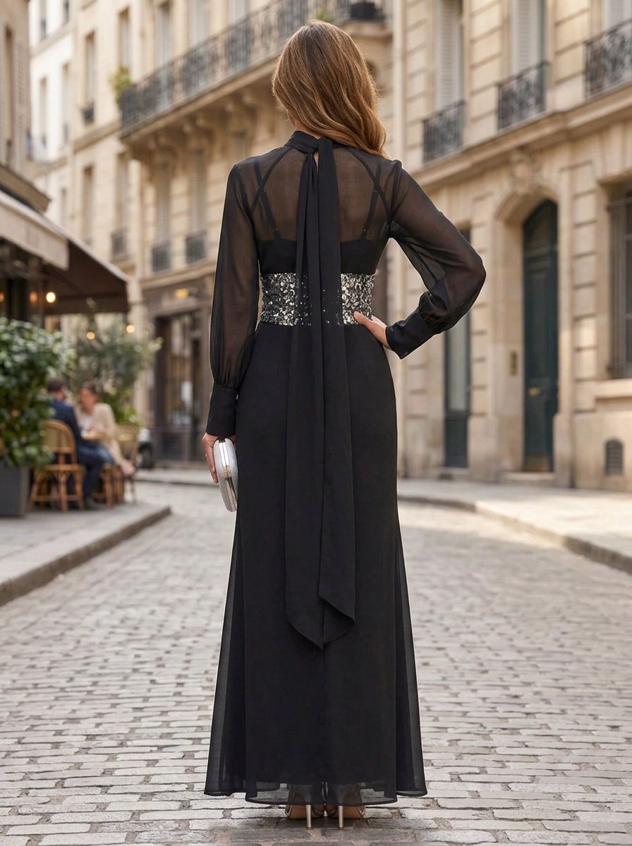 Black Mesh Long Sleeve Sequin Belt A-Line Maxi Dress