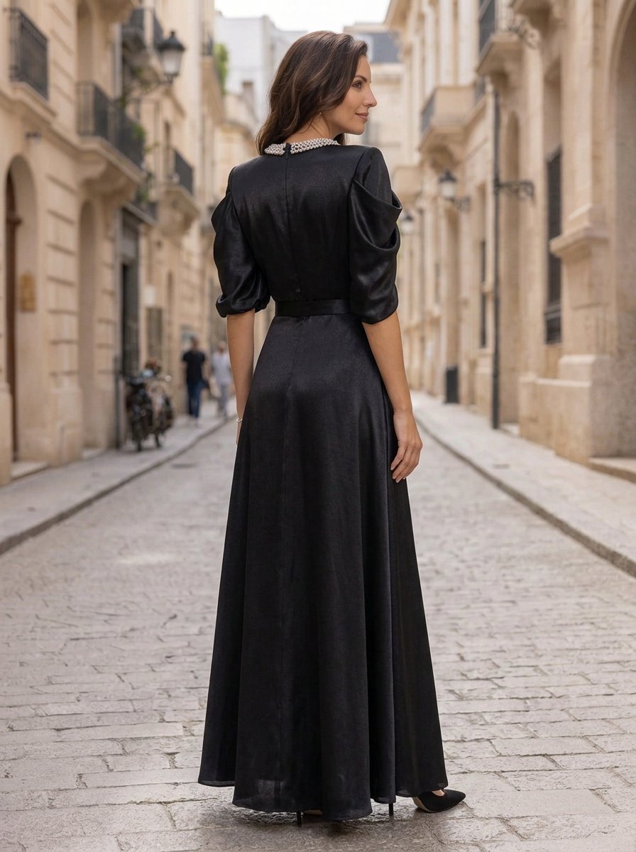 Black Satin Short Sleeve High Slit A-Line Maxi Dress