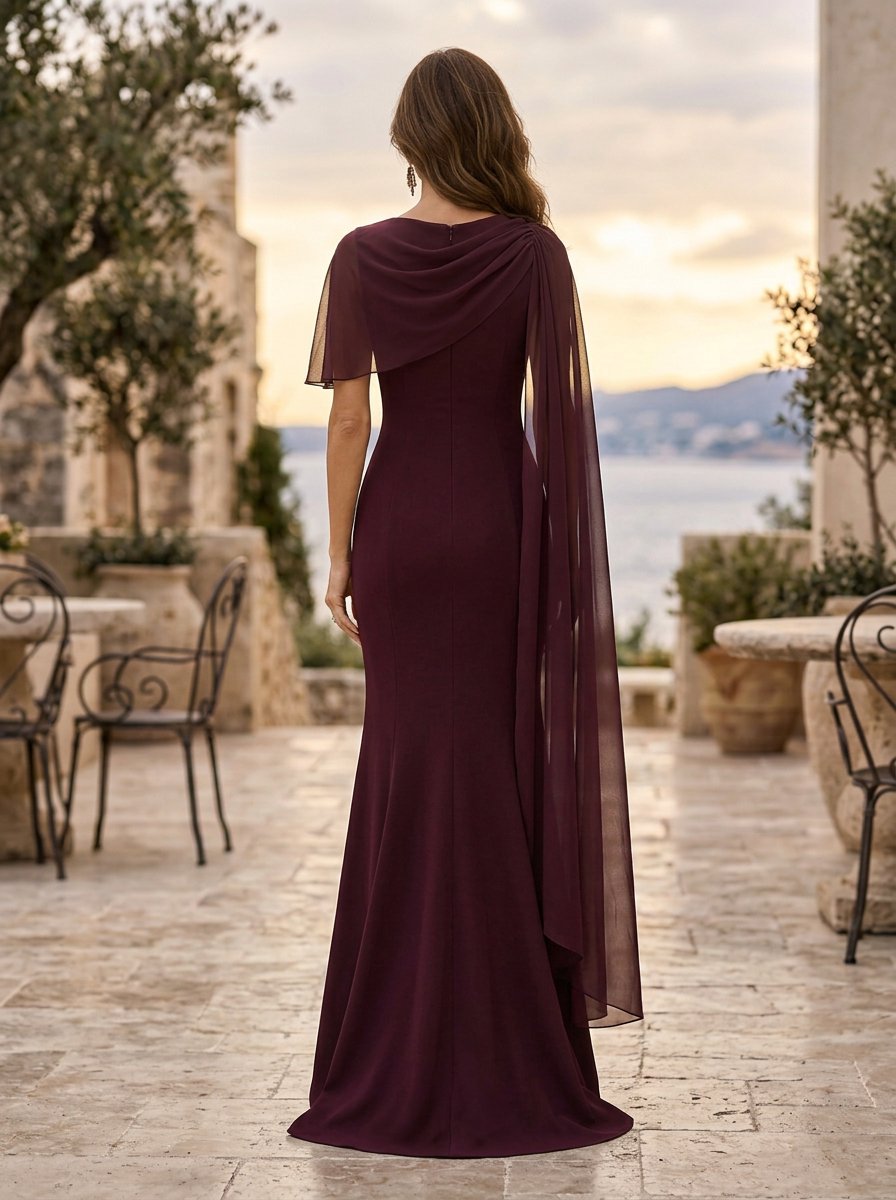 Burgundy One Shoulder Chiffon Floral Mermaid Maxi Dress